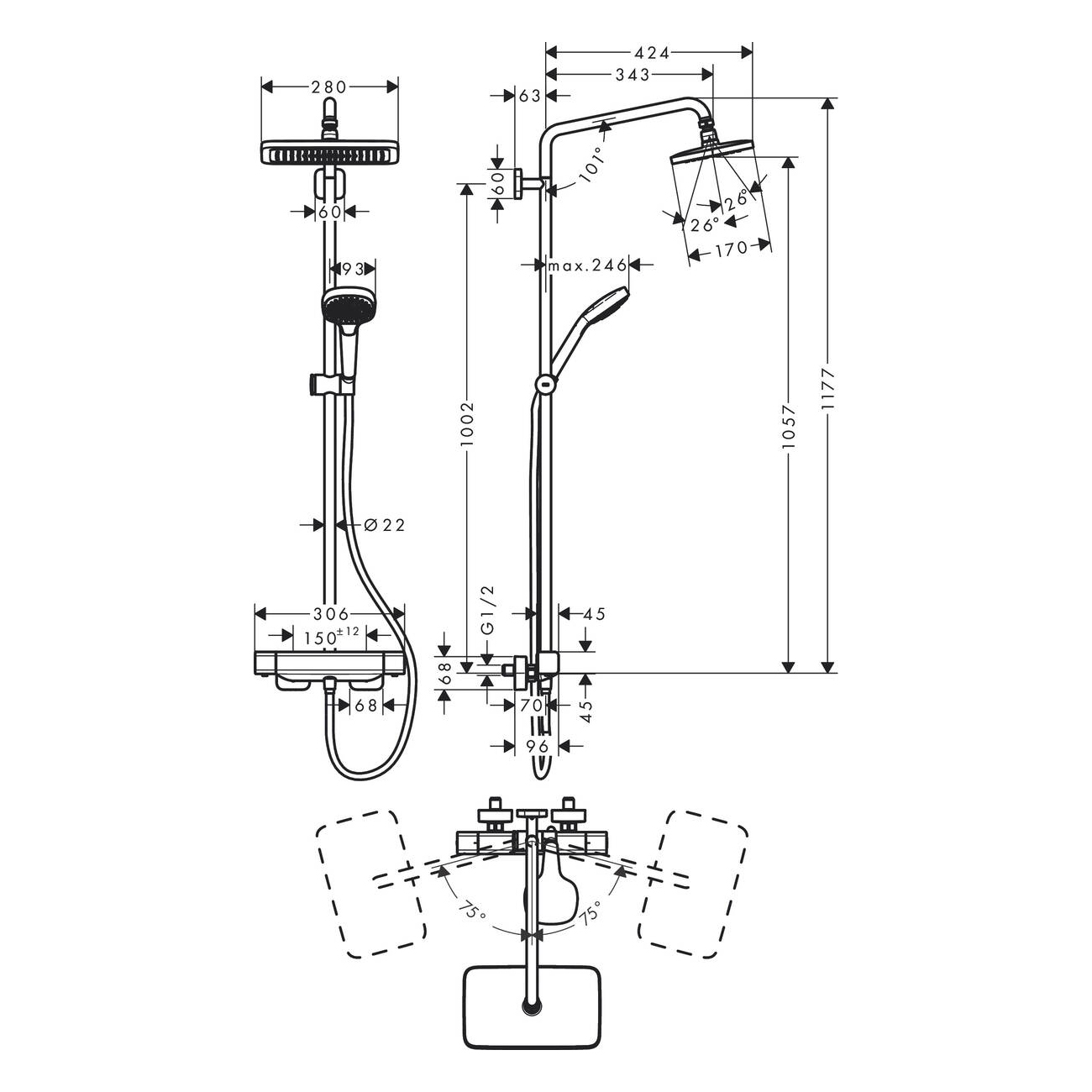 Takduschset Hansgrohe Croma E Showerpipe 280 1jet