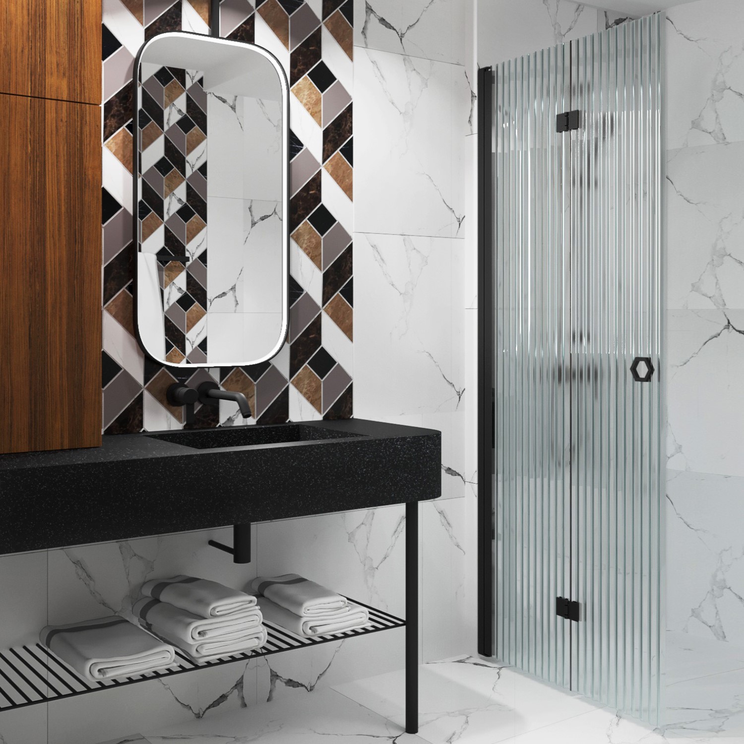 Duschdörr Hietakari Forma 303 Vikbar 785x2025 mm, Reeded, Svarta Profiler