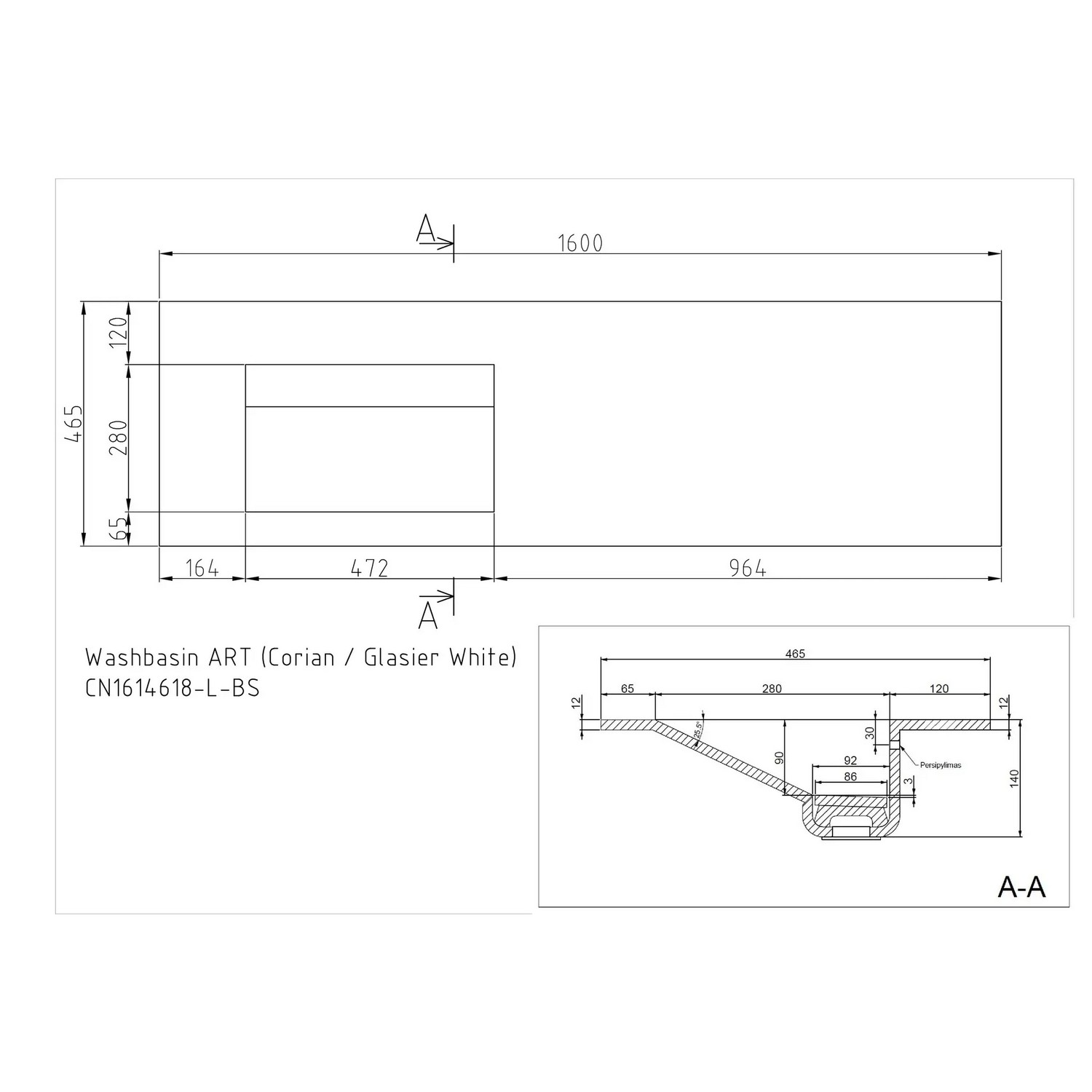 Servant Korsbakken Corian 160 Venstre u/Kranhull