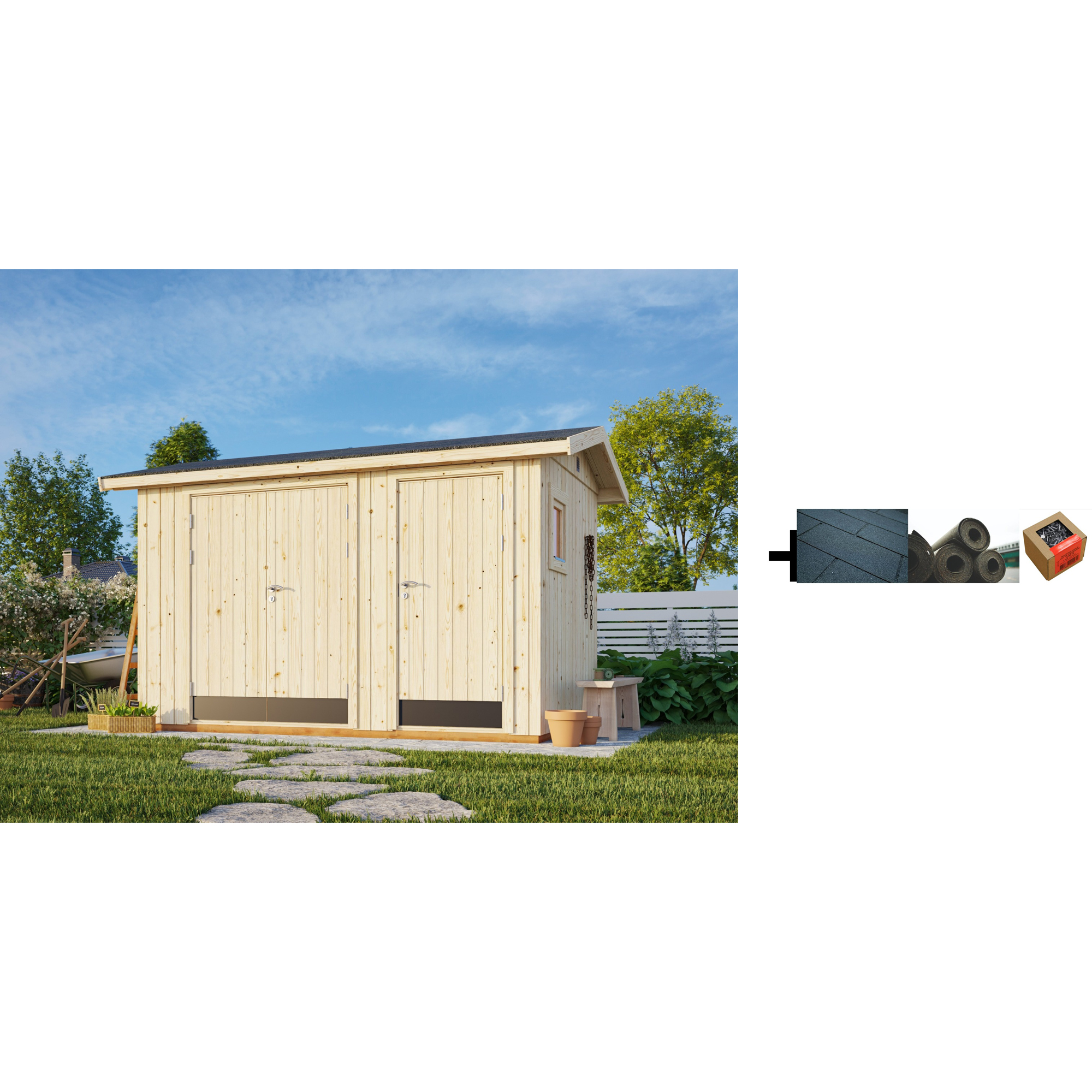 Redskapsbod Palmako Olaf 13,5 m2 med Shingel, Papp og Spiker