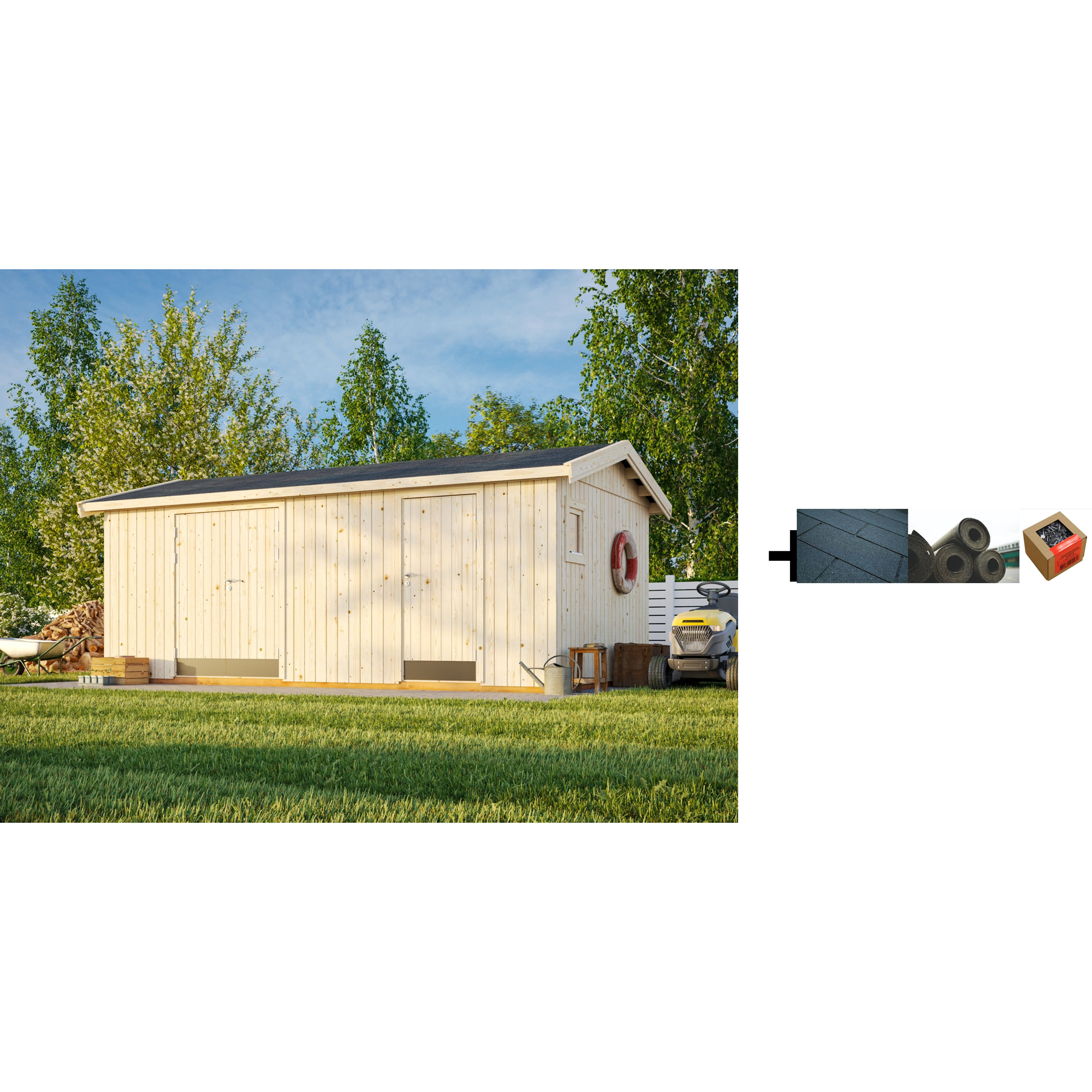 Redskapsbod Palmako Olaf 16,9 m2 med Shingel, Papp og Spiker