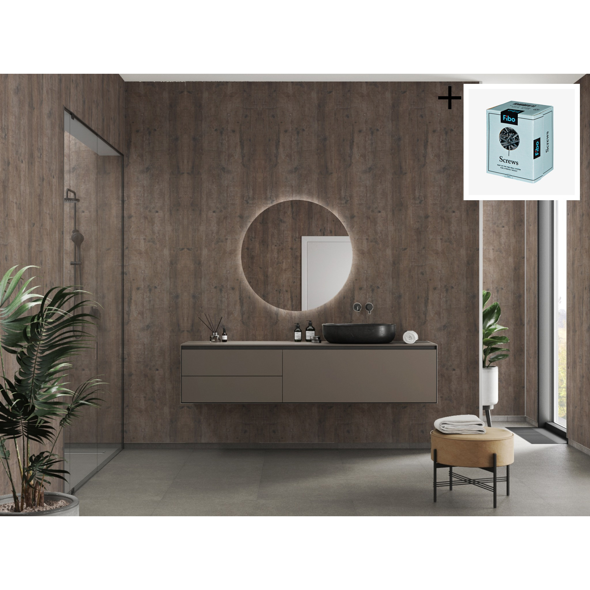 Baderomspanel Fibo 7969 00 SC Rough Wood med Monteringsskruer