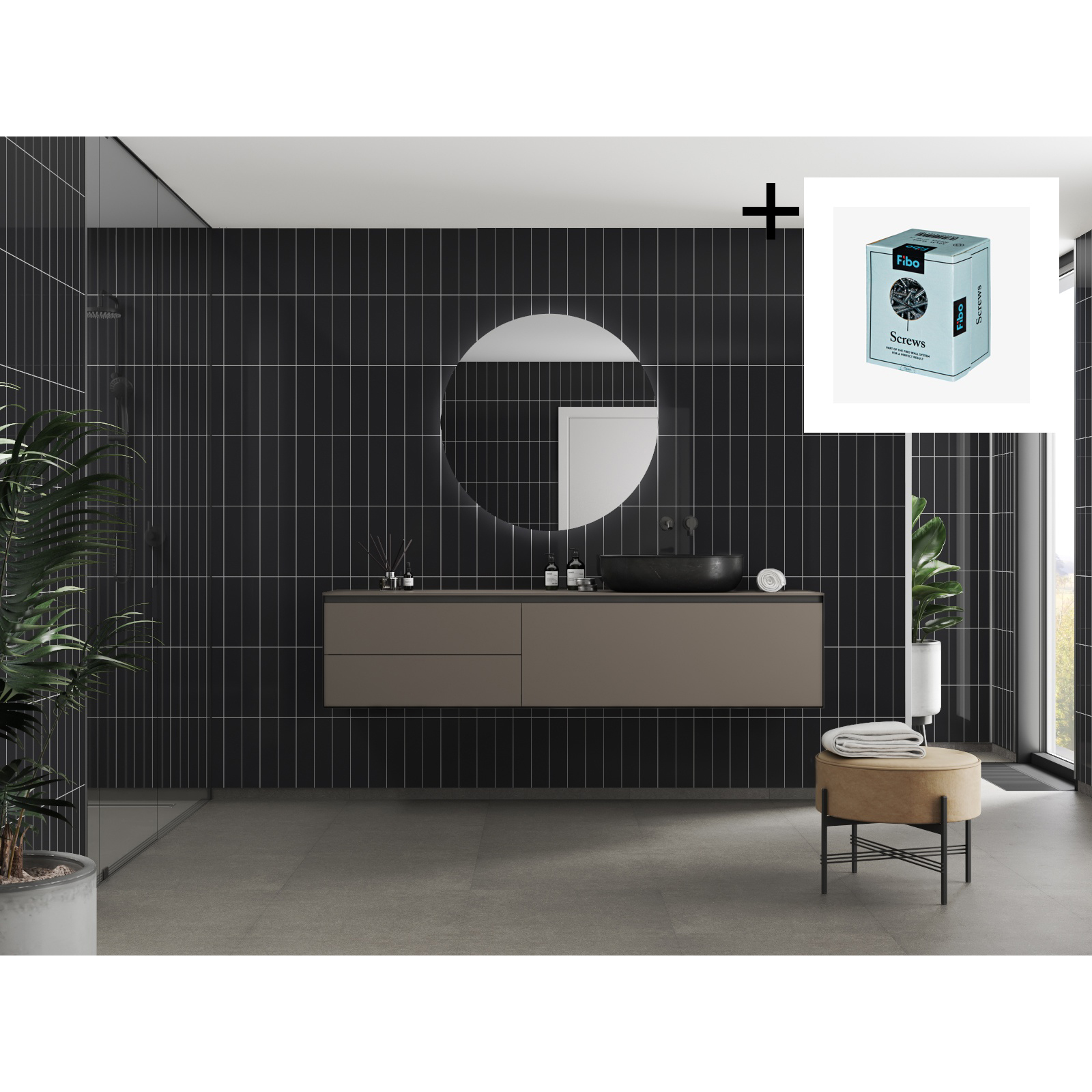 Baderomspanel Fibo 2124-M0830 Black Gloss med Monteringsskruer