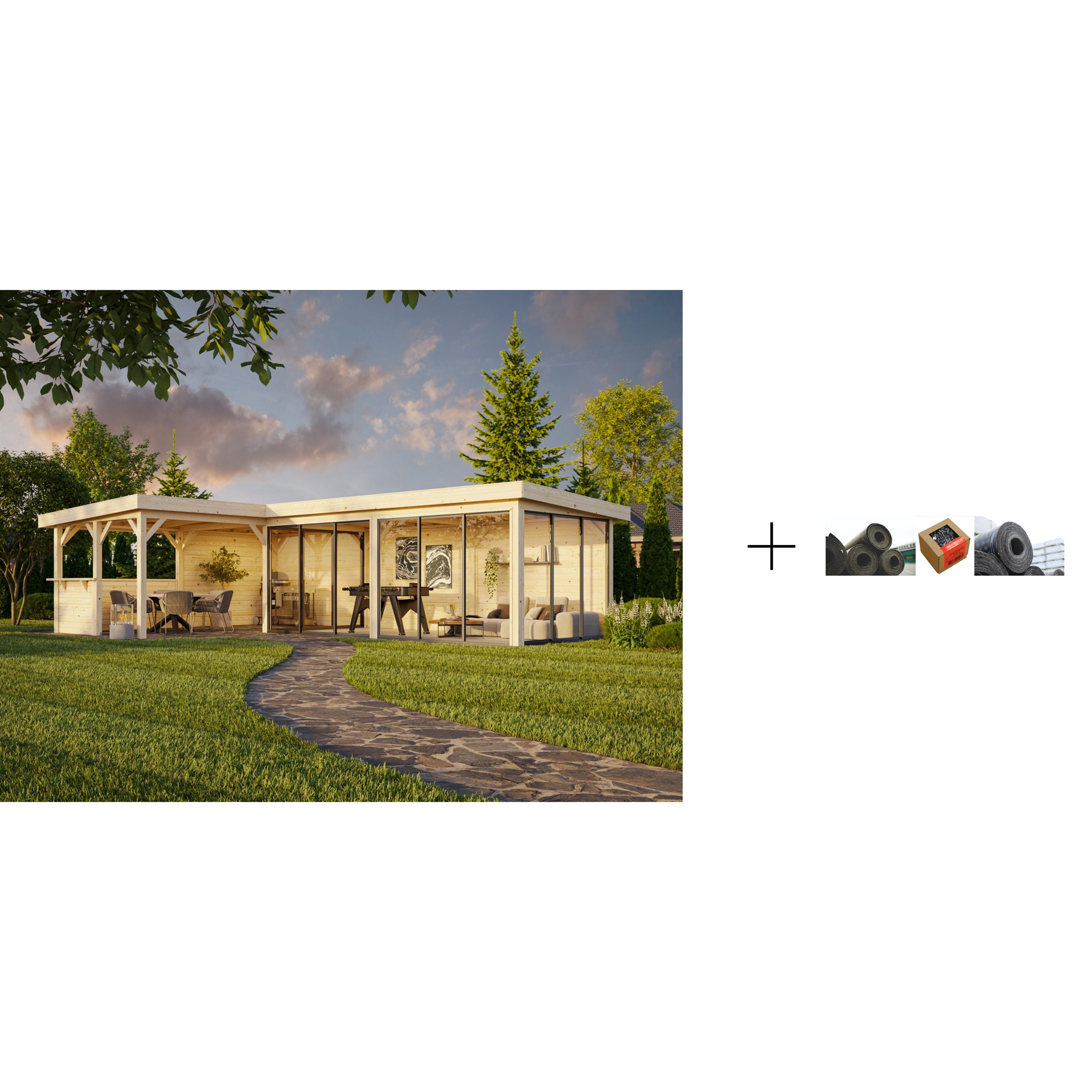 Hagestue Palmako Lenna 33,2 m2 Set 421 Slide med Papp, Spiker og SBS Takbelegg