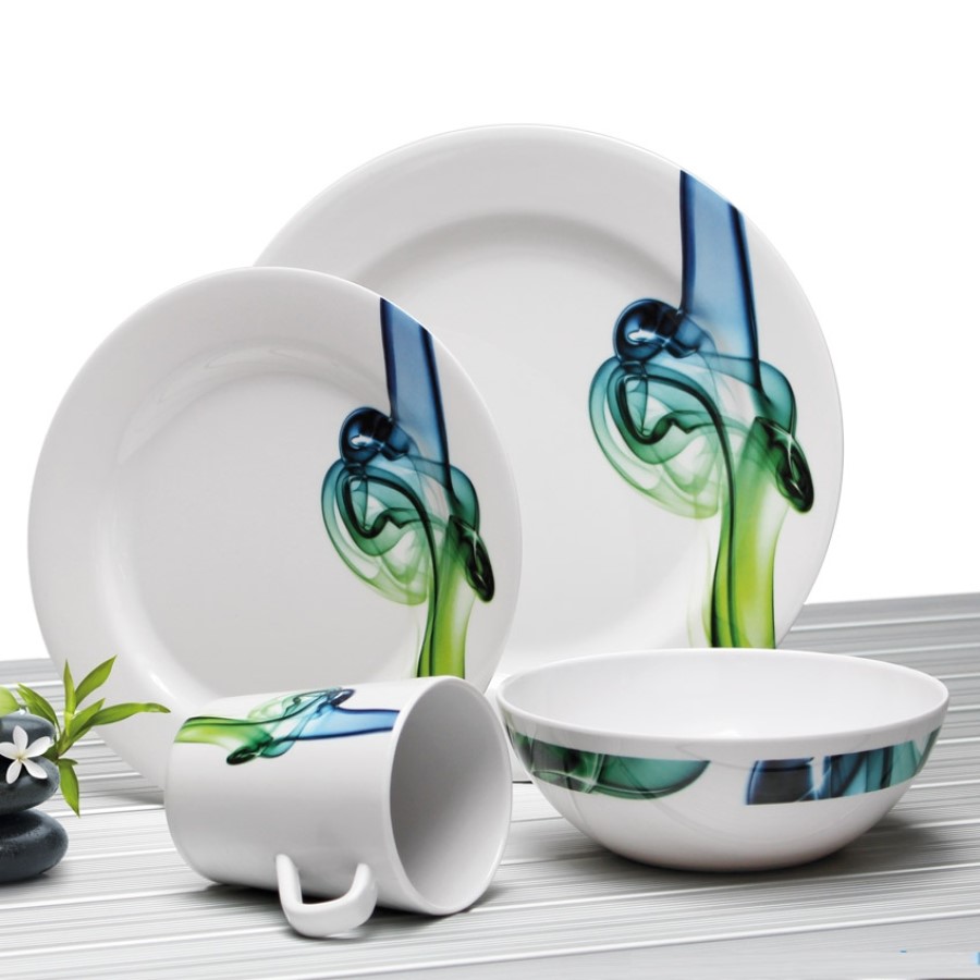 Servise Casu 4-pers 16-deler rund hvit/blågrønn