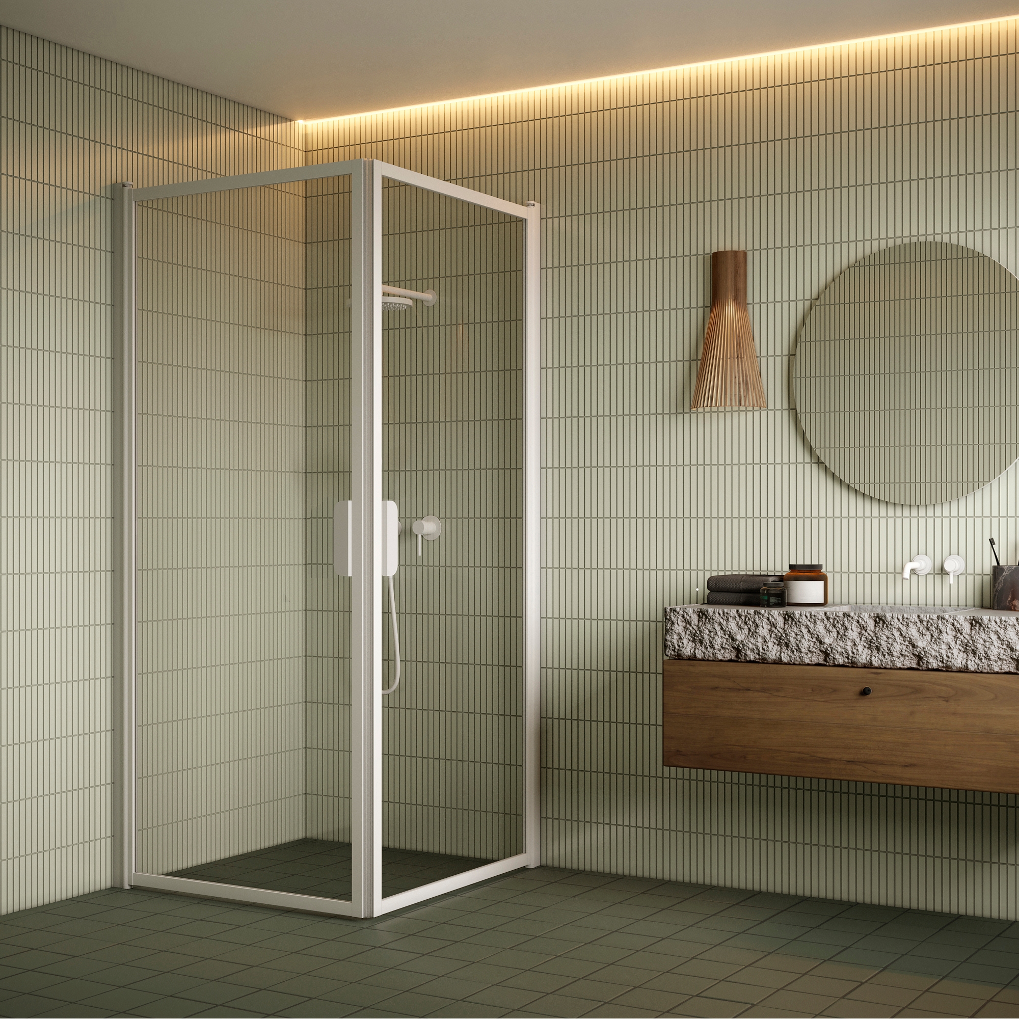 Duschhörn Hietakari Bläk 757 New York Vändbara Dörrar 817 (A) x 817 (B) mm, Klarglas, Vita Profiler - Installation/montering finns att köpa till