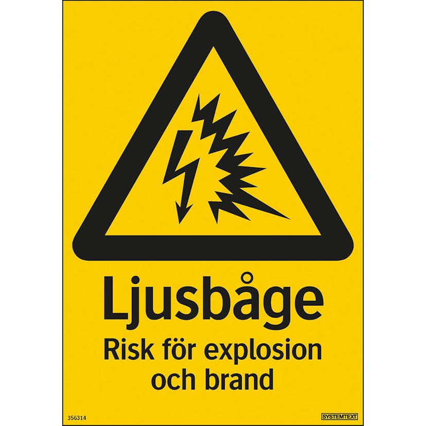 Skylt Systemtext Ljusbåge Risk Explosion 210x297 mm Plast