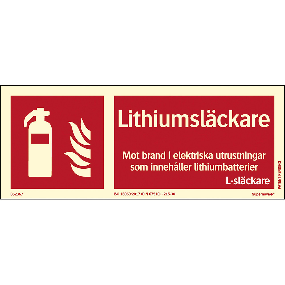 Skylt Systemtext Lithiumsläckare 250x100 mm Aluminium Supernova+