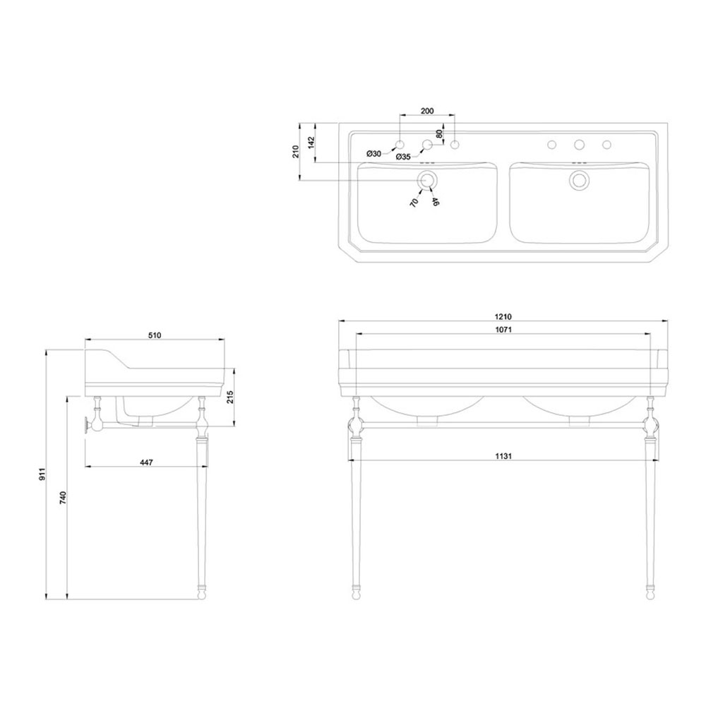 Tvättställ Burlington Edwardian 1200 mm Dubbelt med Handfatsställ
