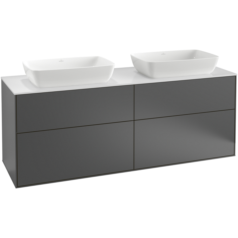 Tvättställsskåp Villeroy & Boch Finion med 4 Lådor och Bänkskiva för Två Fristående Tvättställ från Artis & Collaro Antracitgrå Mattlack med bänkskiva i Mattvitt glas Utan Blandarhål