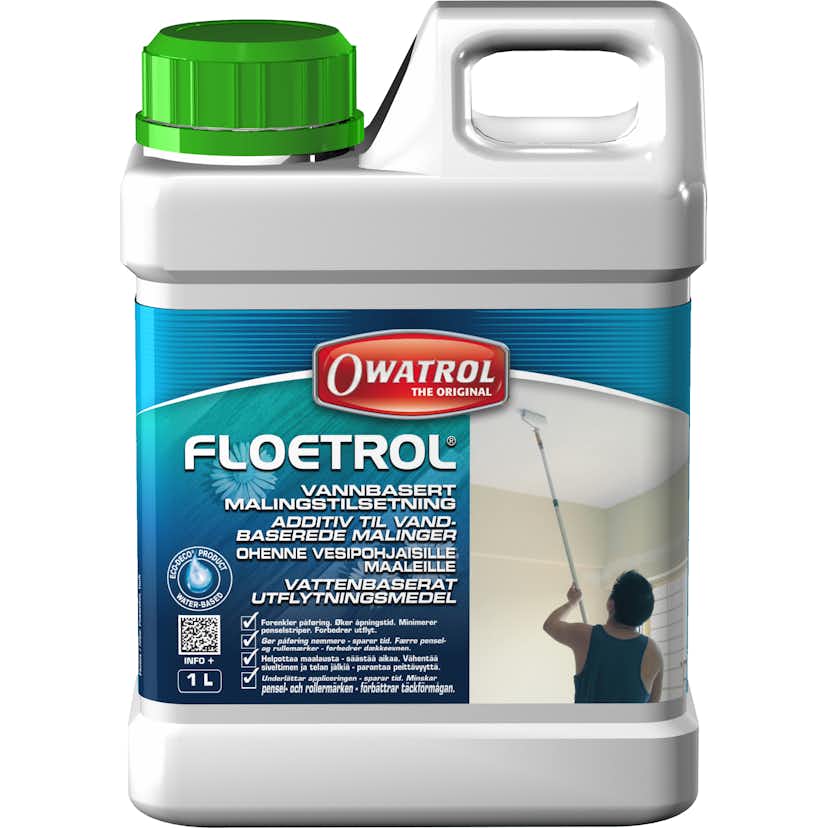 Owatrol Floetrol malingtilsetning Spesialutviklet tilsetning til bruk med vannbaserte malinger. Forenkler påføringen og minimerer penselstriper og rullemerker.