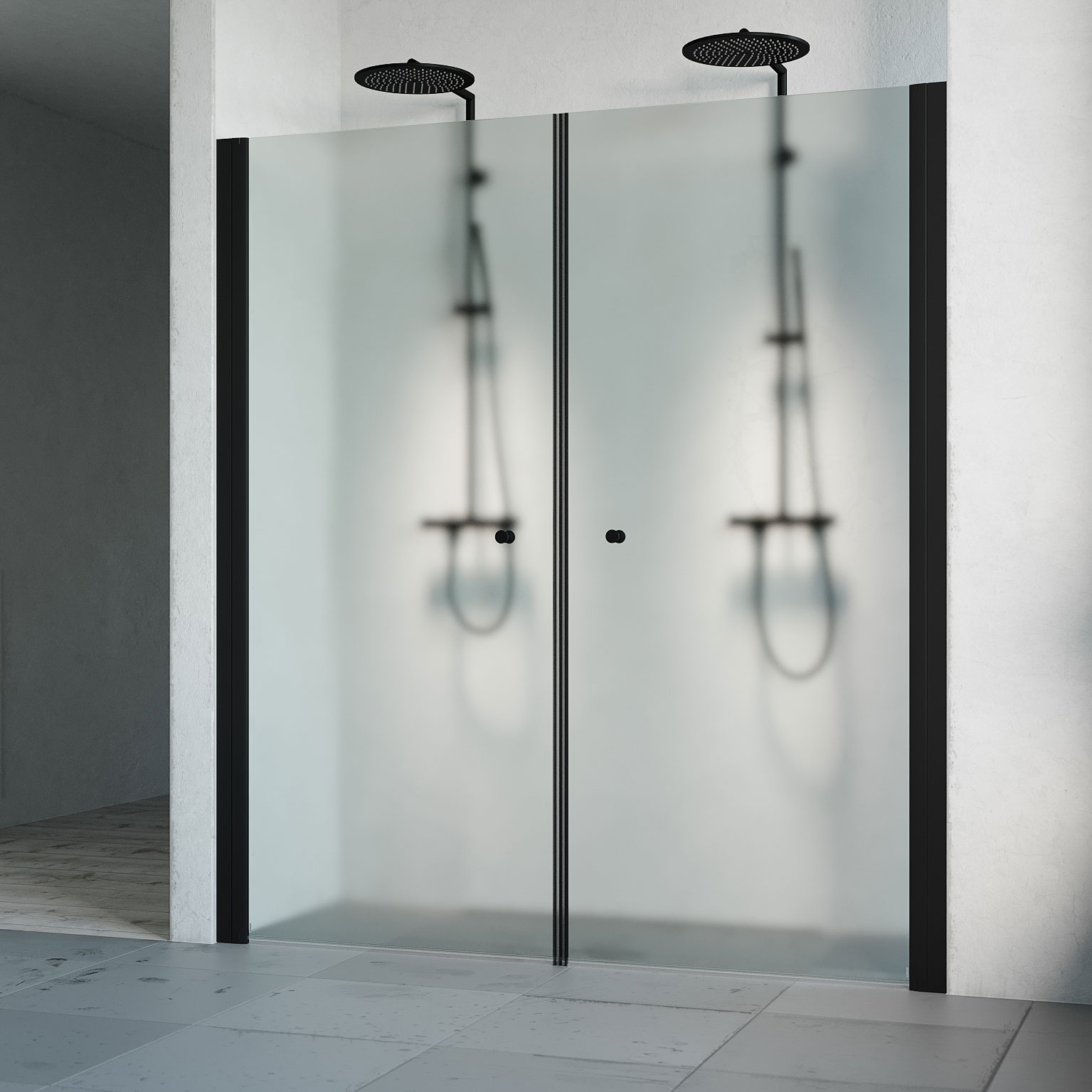 Duschdörr Macro Design Spirit Saloon 1435-1470x1970 mm, Svart, Frostat glas med Knopp