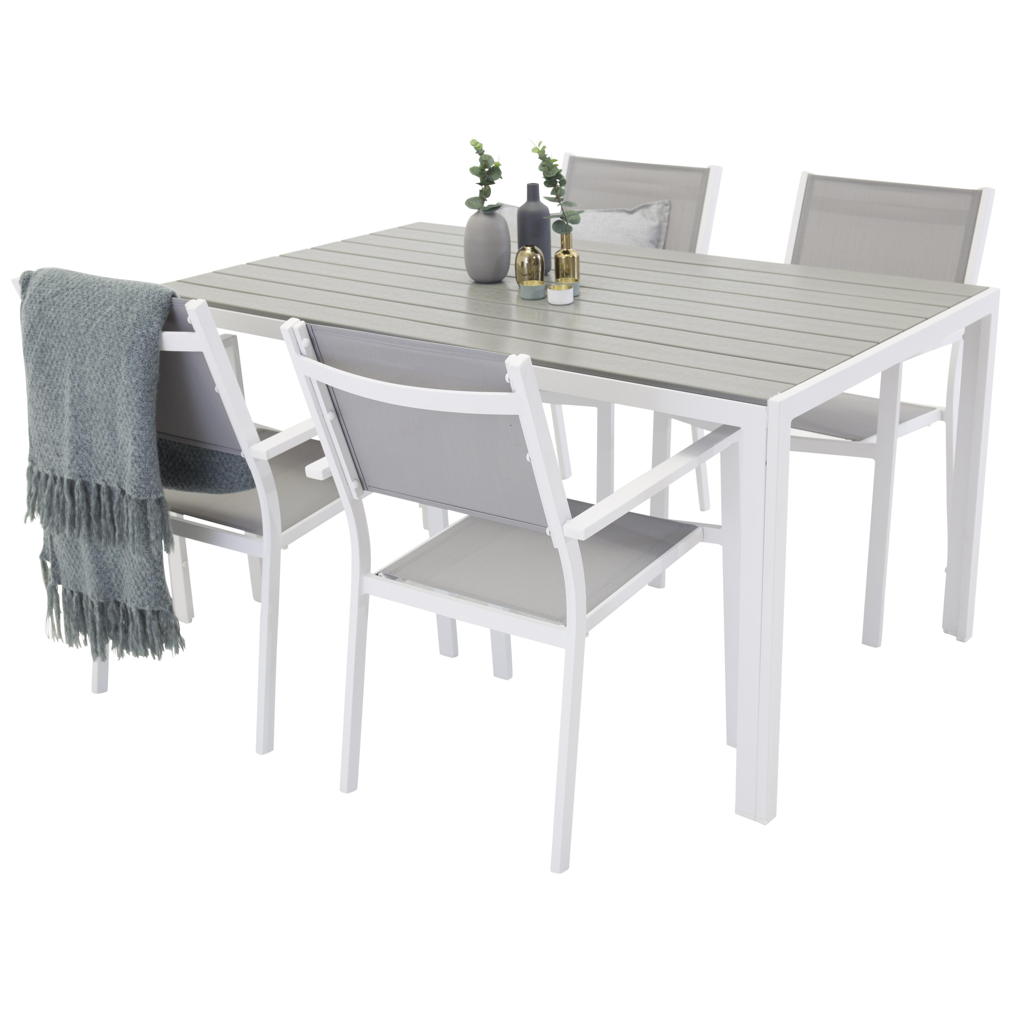 Matgrupp Venture Design Bront 150 med 4 Copacabana Karmstolar Grå Bord med Vita Ben, Grå Stol med Vita Ben