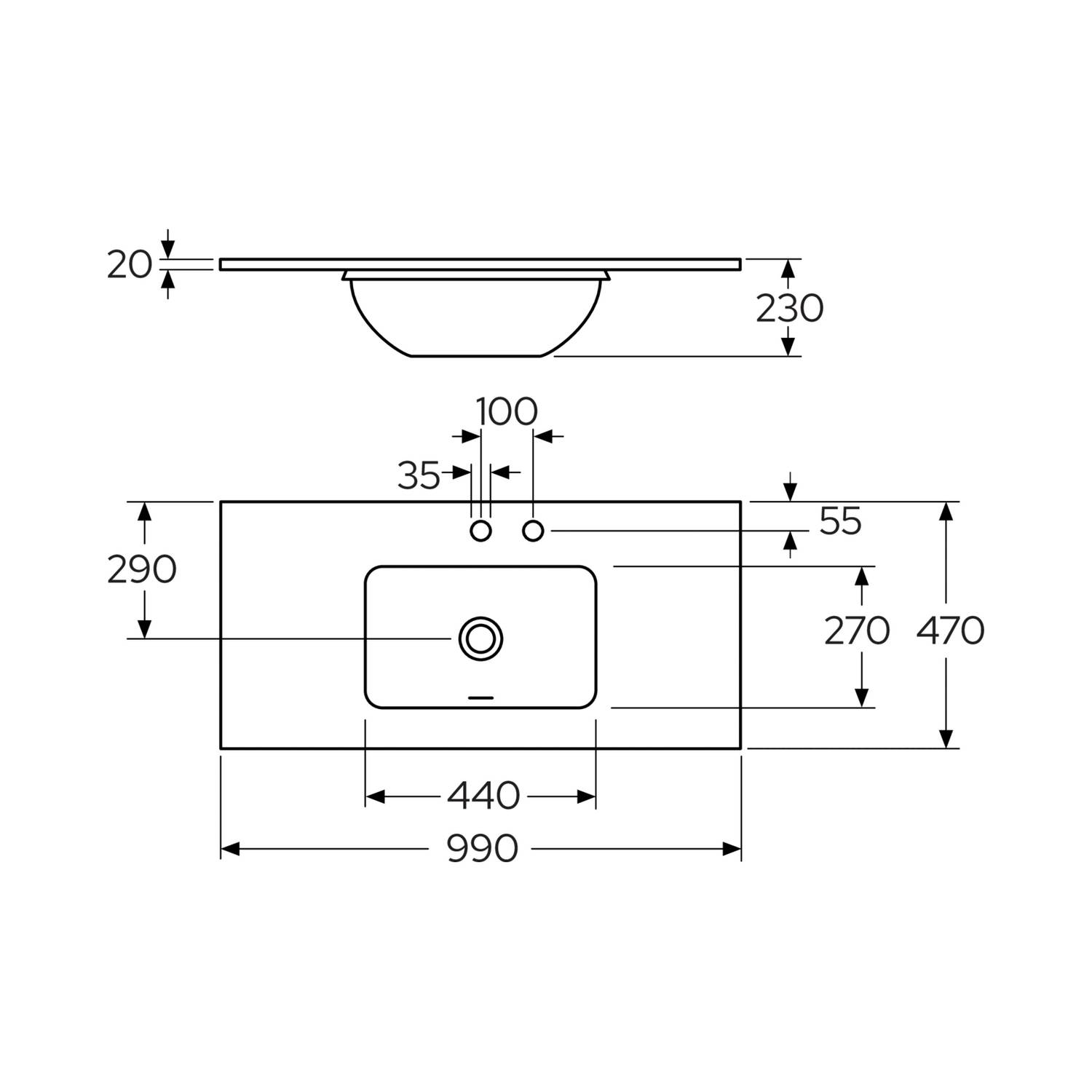 Bänkskiva Gustavsberg Ducentic 100 cm i Natursten med Underlimmat Tvättställ