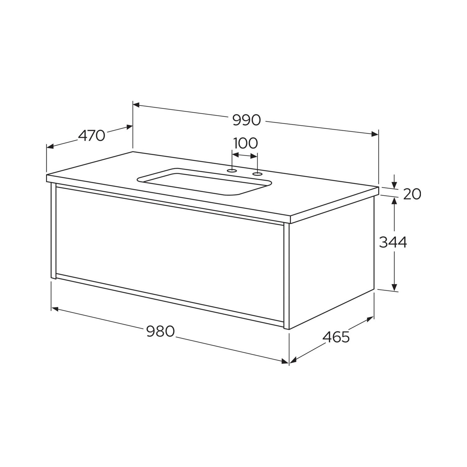 Tvättställskåp Gustavsberg Ducentic 100 cm med Stenbänkskiva, Underlimmat Tvättställ och Benställning