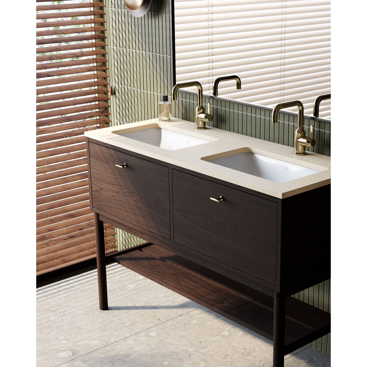 Tvättställskåp Gustavsberg Ducentic 120 cm med Stenbänkskiva, Underlimmade Tvättställ och Benställning