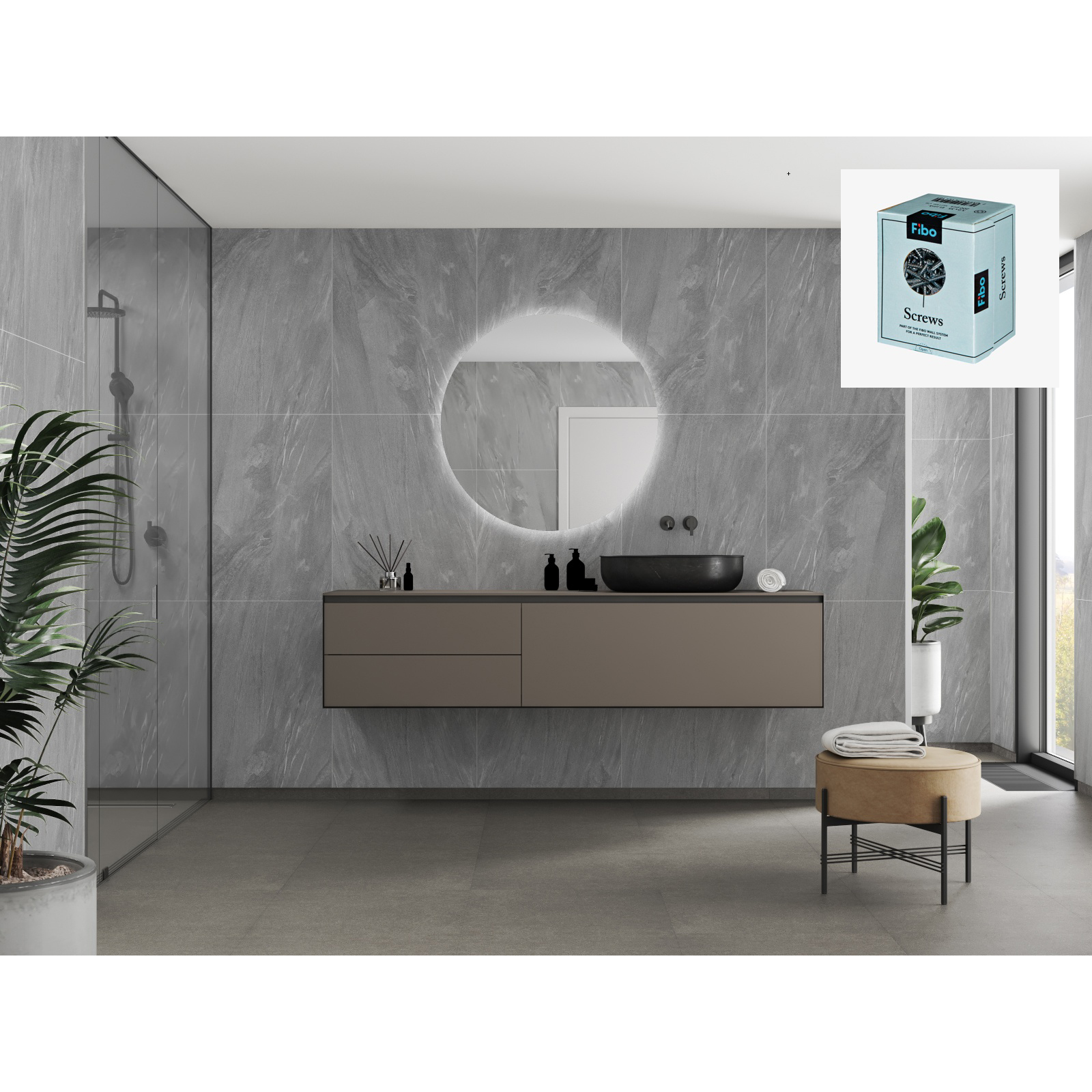 Baderomspanel Fibo 4009-M6080 Grey Stone med Monteringsskruer