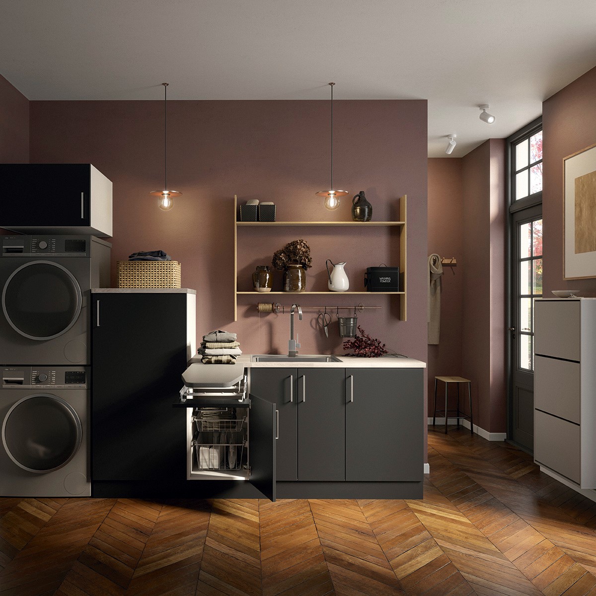 Vaskerom Miljø FOSSBAD 270 cm Sort Matt Matt Sort med Lys Eik Benkeplate