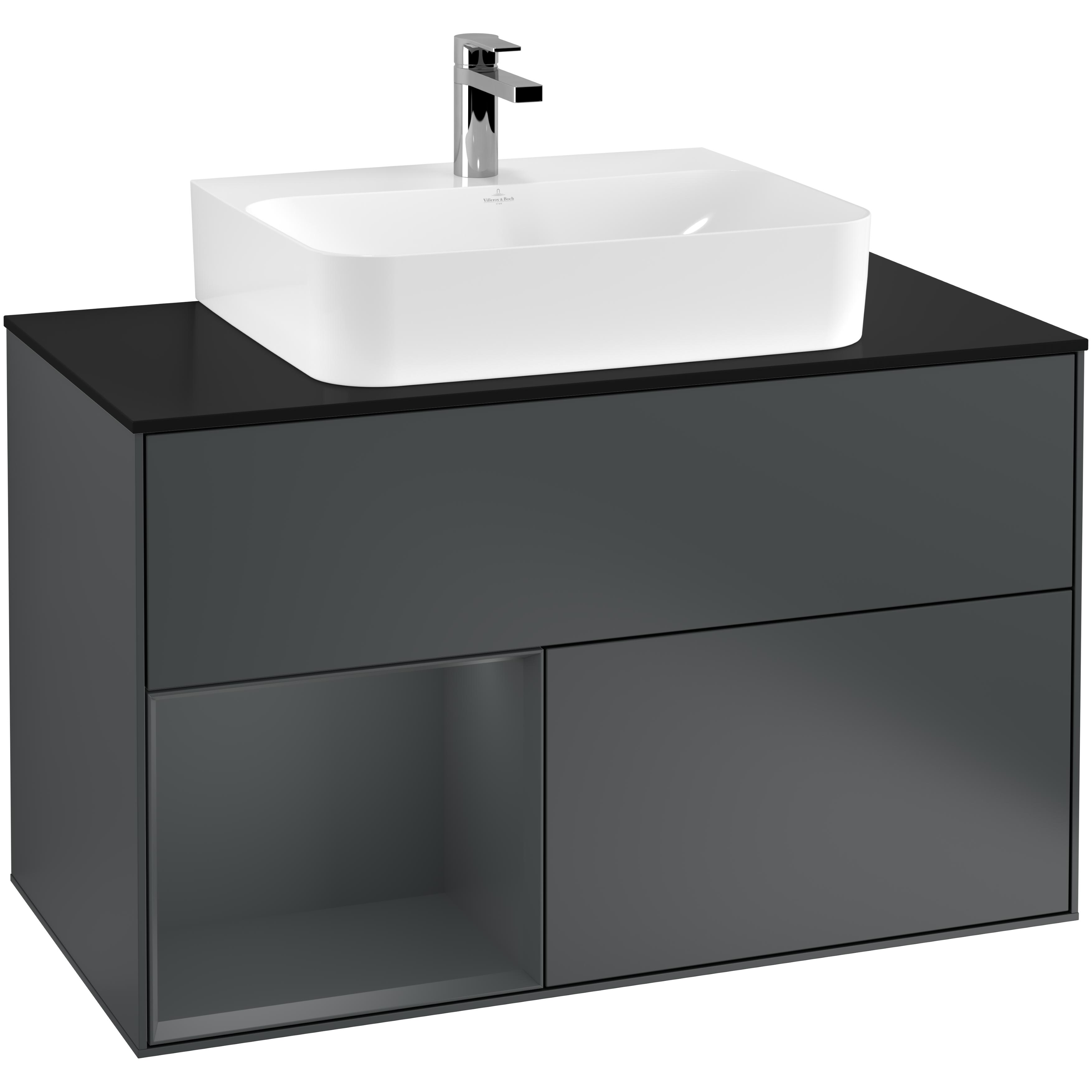 tvättställsskåp villeroy & boch finion med 2 lådor hylla och bänkskiva för centrerat tvättställ