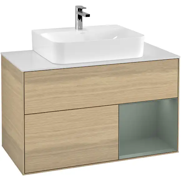 tvättställsskåp villeroy & boch finion med 2 lådor hylla och bänkskiva för centrerat tvättställ