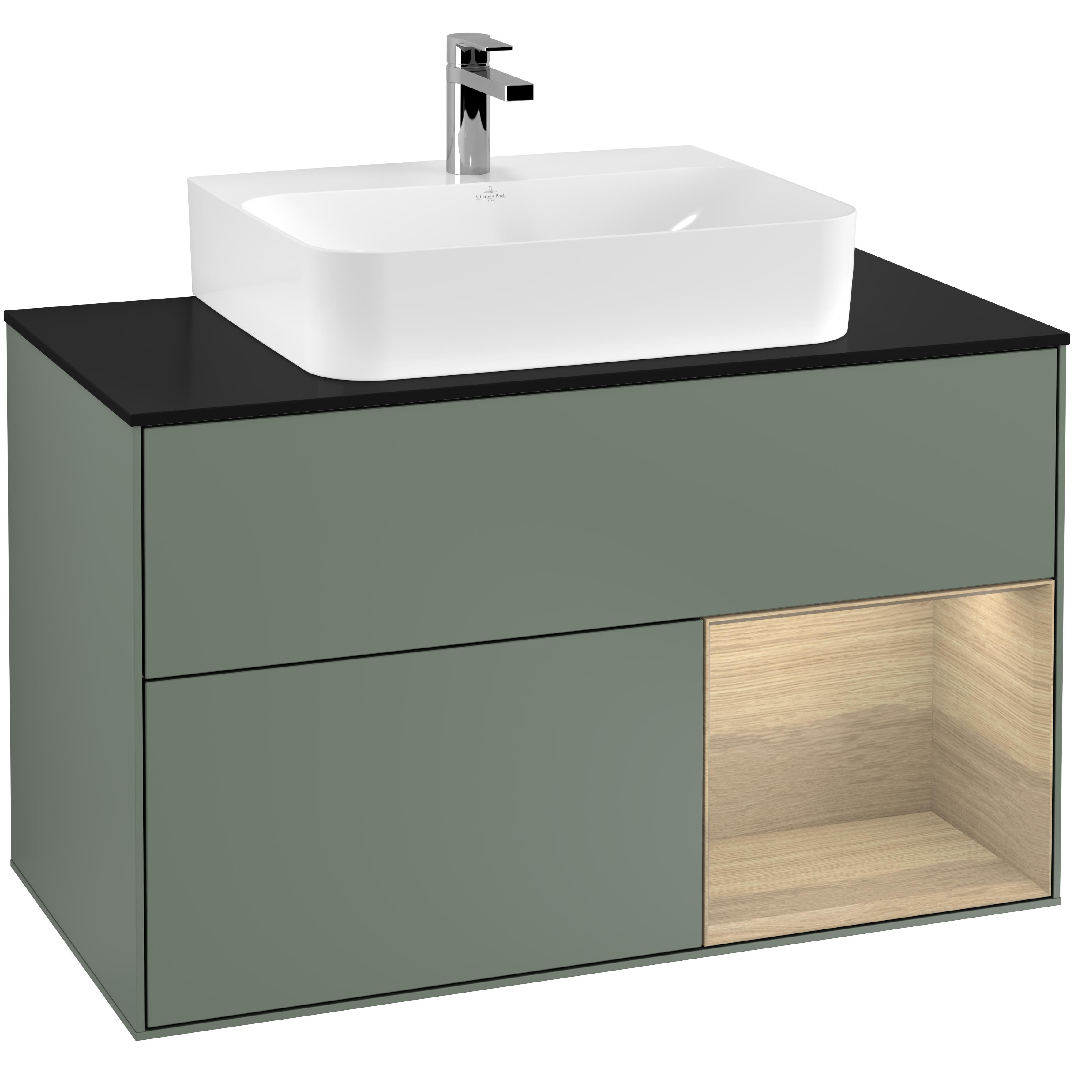 tvättställsskåp villeroy & boch finion med 2 lådor hylla och bänkskiva för centrerat tvättställ