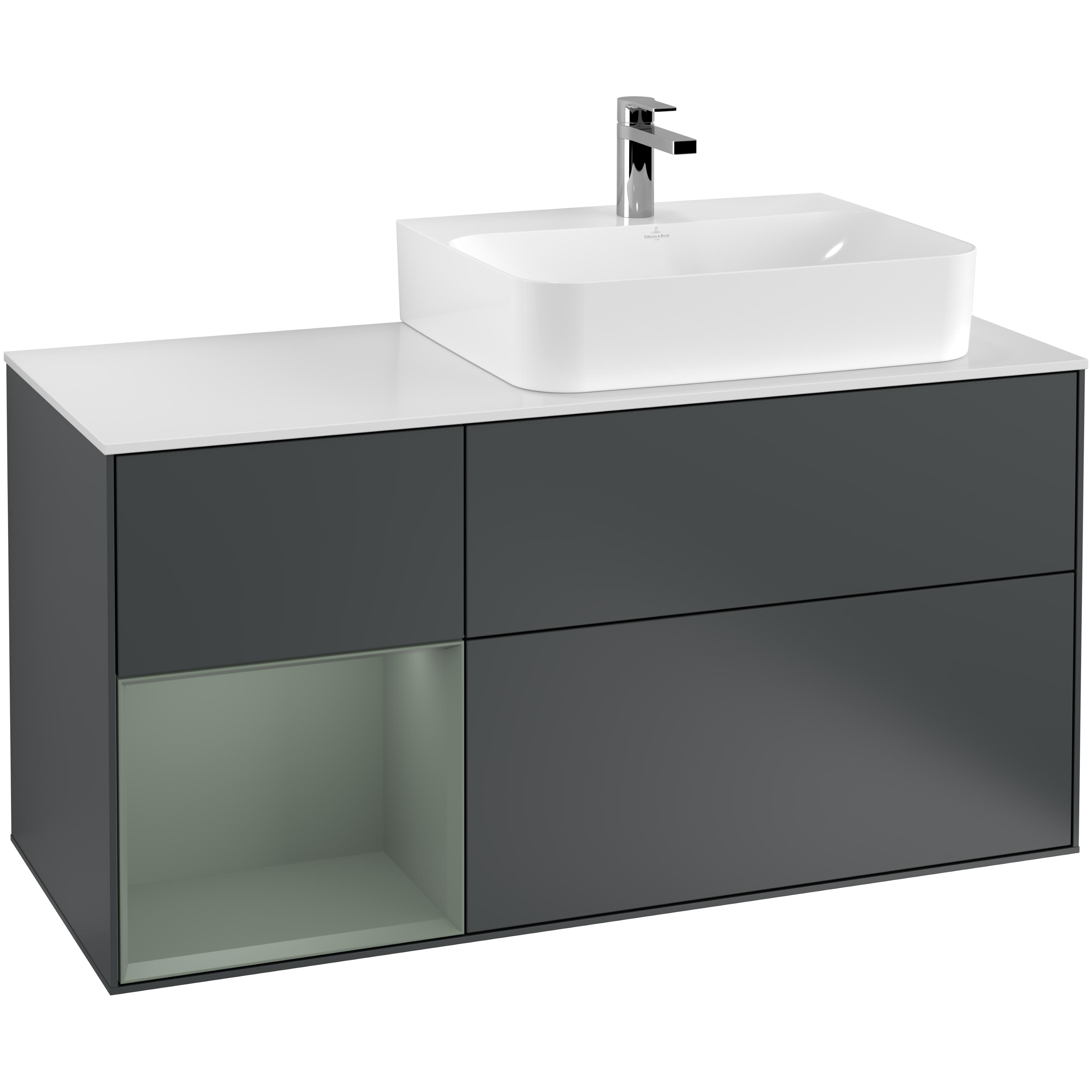 tvättställsskåp villeroy & boch finion med 3 lådor hylla och bänkskiva för ocentrerat tvättställ