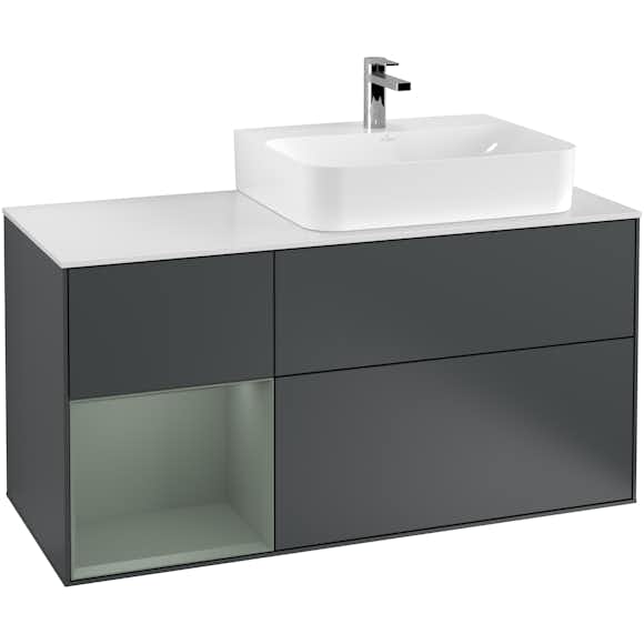 tvättställsskåp villeroy & boch finion med 3 lådor hylla och bänkskiva för ocentrerat tvättställ