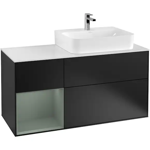 tvättställsskåp villeroy & boch finion med 3 lådor hylla och bänkskiva för ocentrerat tvättställ