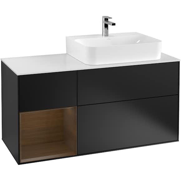 tvättställsskåp villeroy & boch finion med 3 lådor hylla och bänkskiva för ocentrerat tvättställ