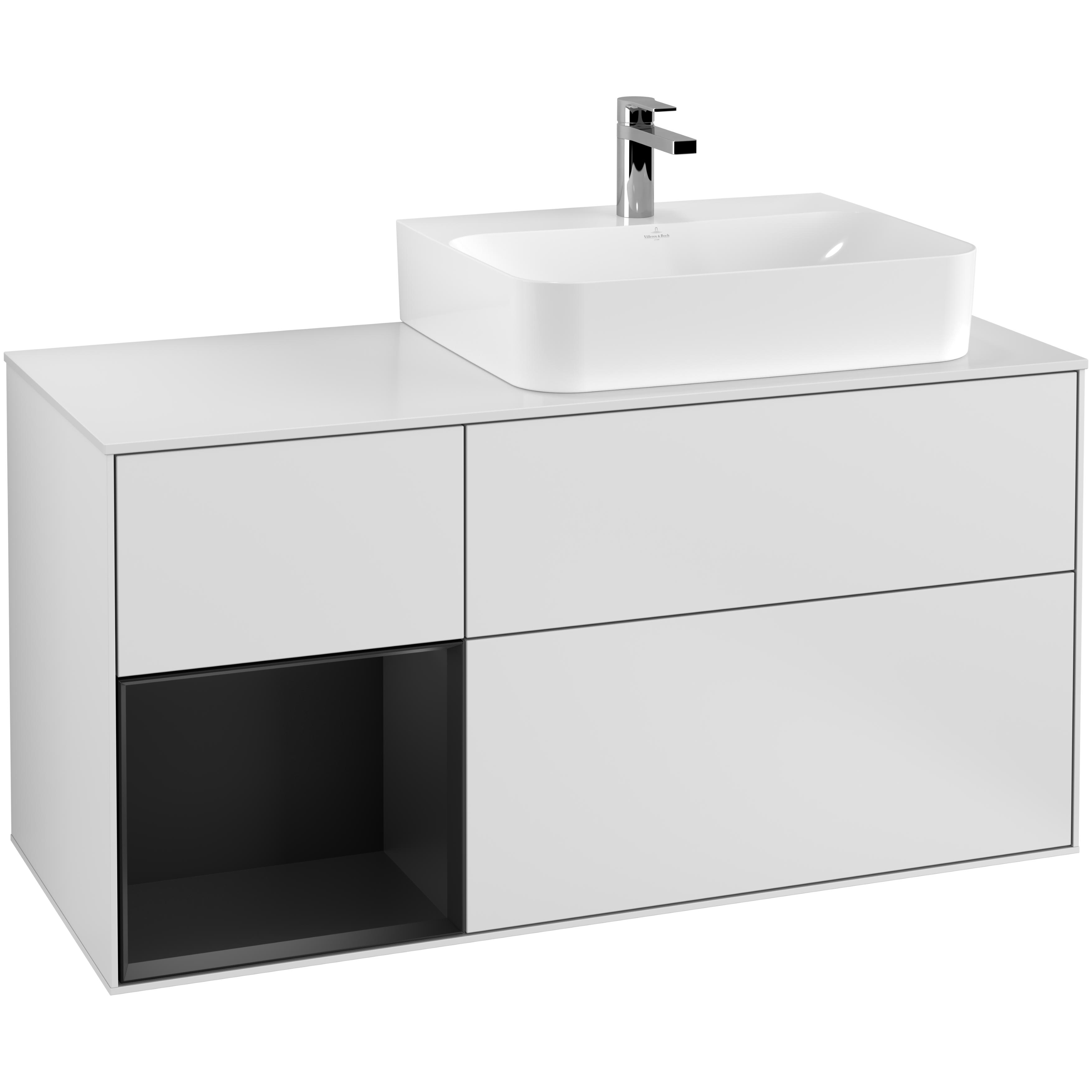 tvättställsskåp villeroy & boch finion med 3 lådor hylla och bänkskiva för ocentrerat tvättställ