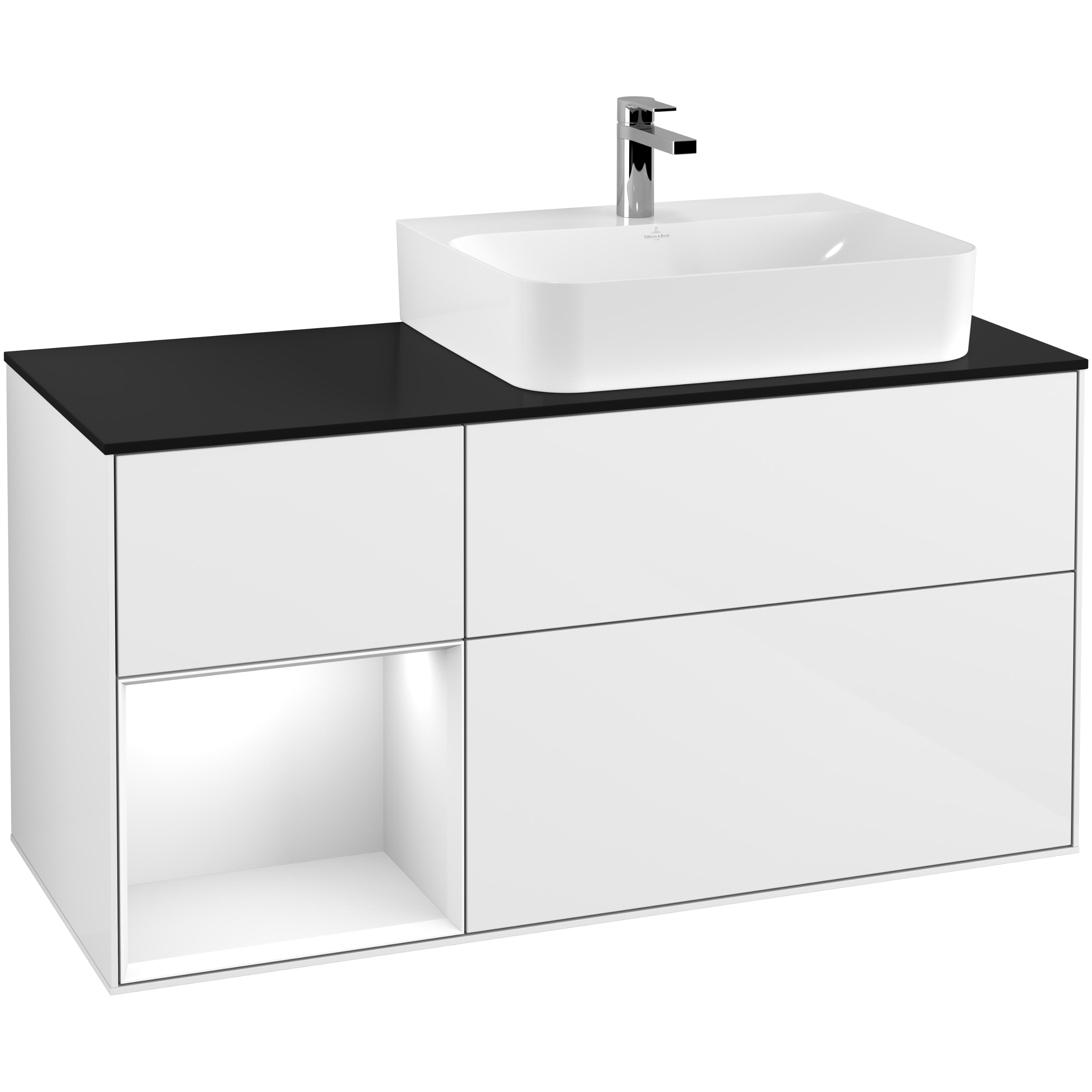 tvättställsskåp villeroy & boch finion med 3 lådor hylla och bänkskiva för ocentrerat tvättställ