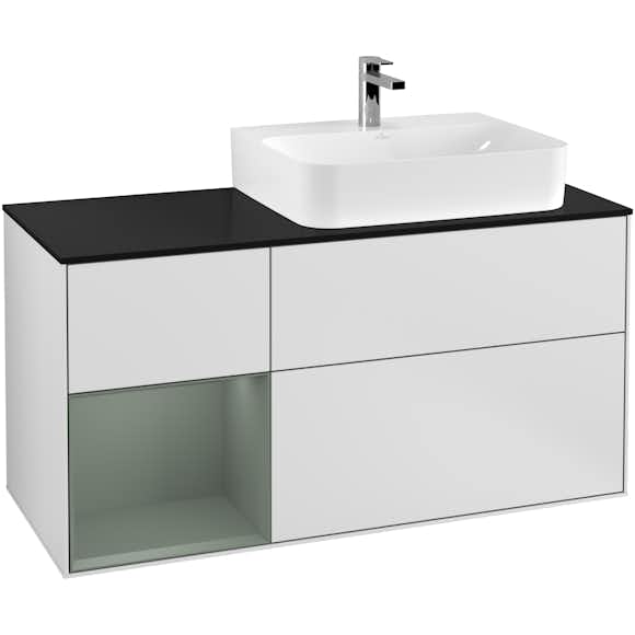 tvättställsskåp villeroy & boch finion med 3 lådor hylla och bänkskiva för ocentrerat tvättställ