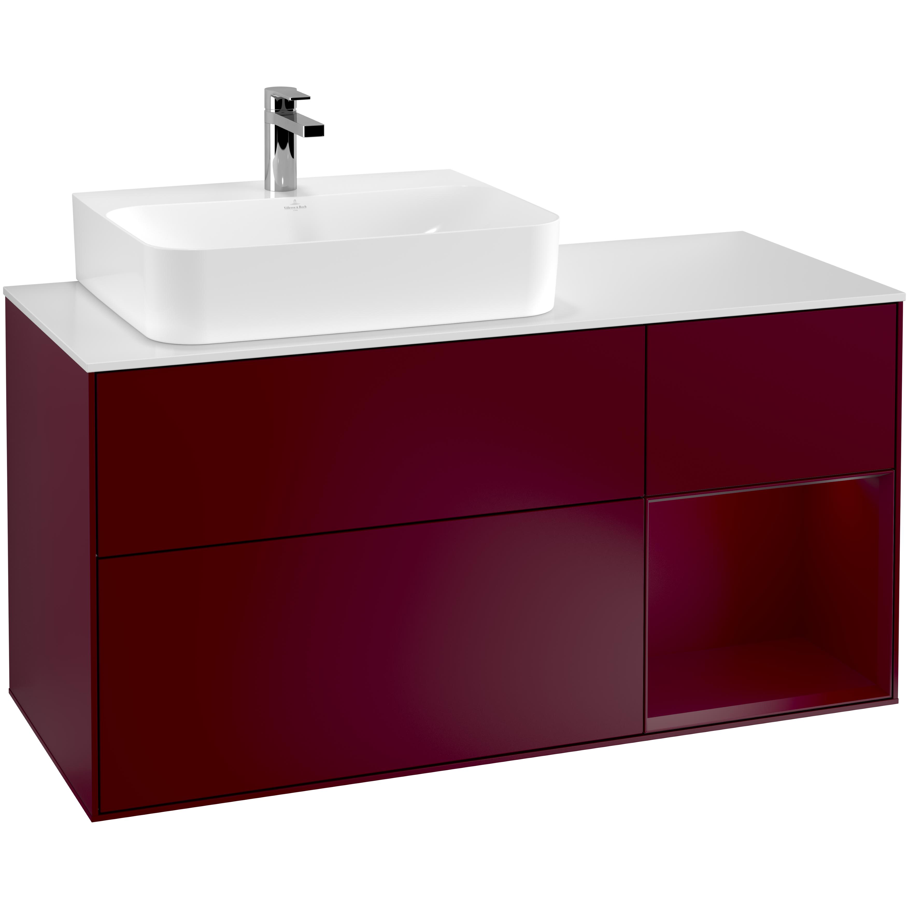 tvättställsskåp villeroy & boch finion med 3 lådor hylla och bänkskiva för ocentrerat tvättställ