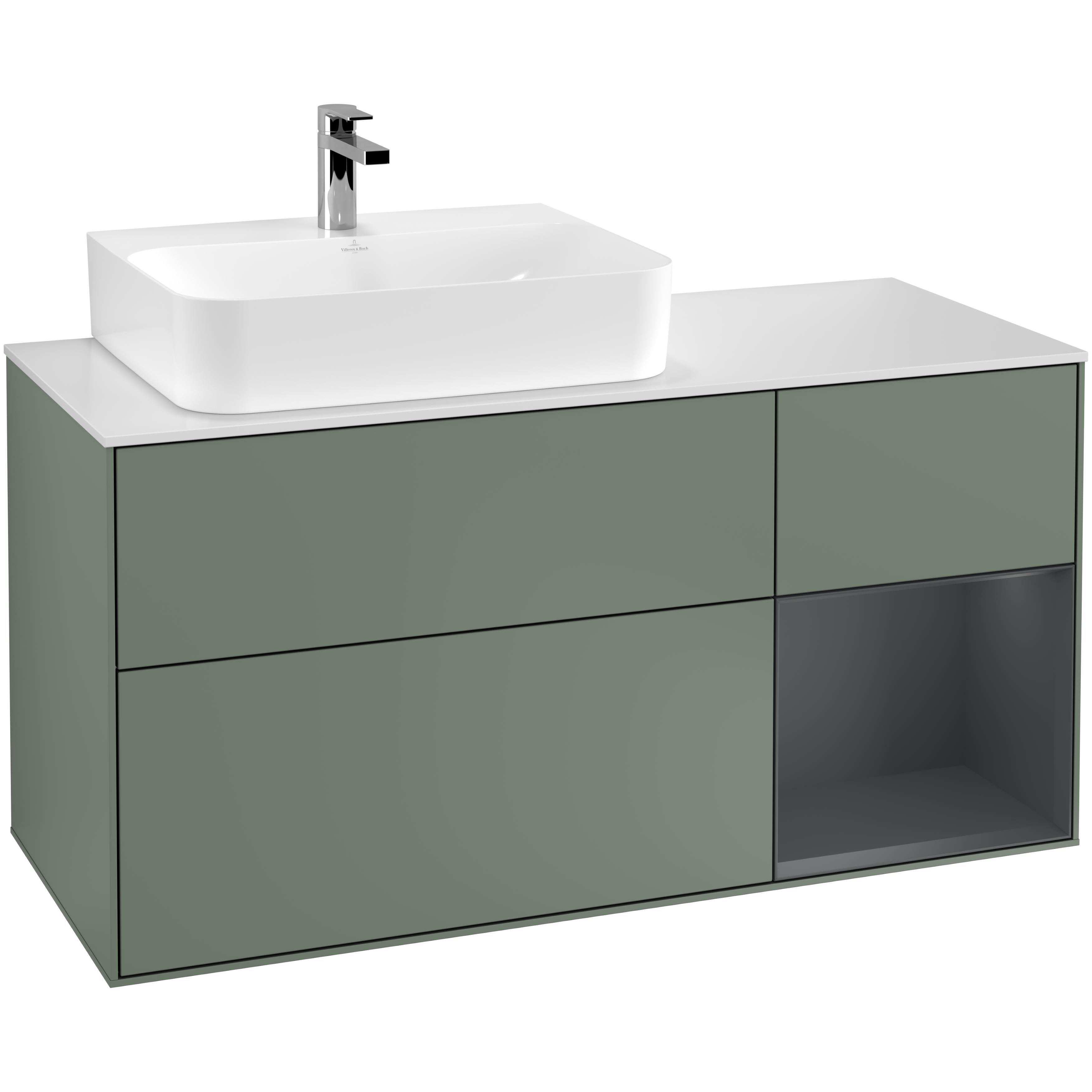 tvättställsskåp villeroy & boch finion med 3 lådor hylla och bänkskiva för ocentrerat tvättställ