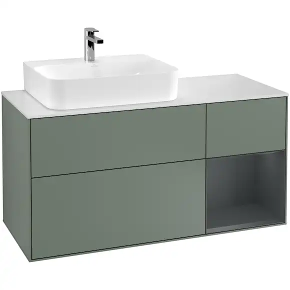 tvättställsskåp villeroy & boch finion med 3 lådor hylla och bänkskiva för ocentrerat tvättställ