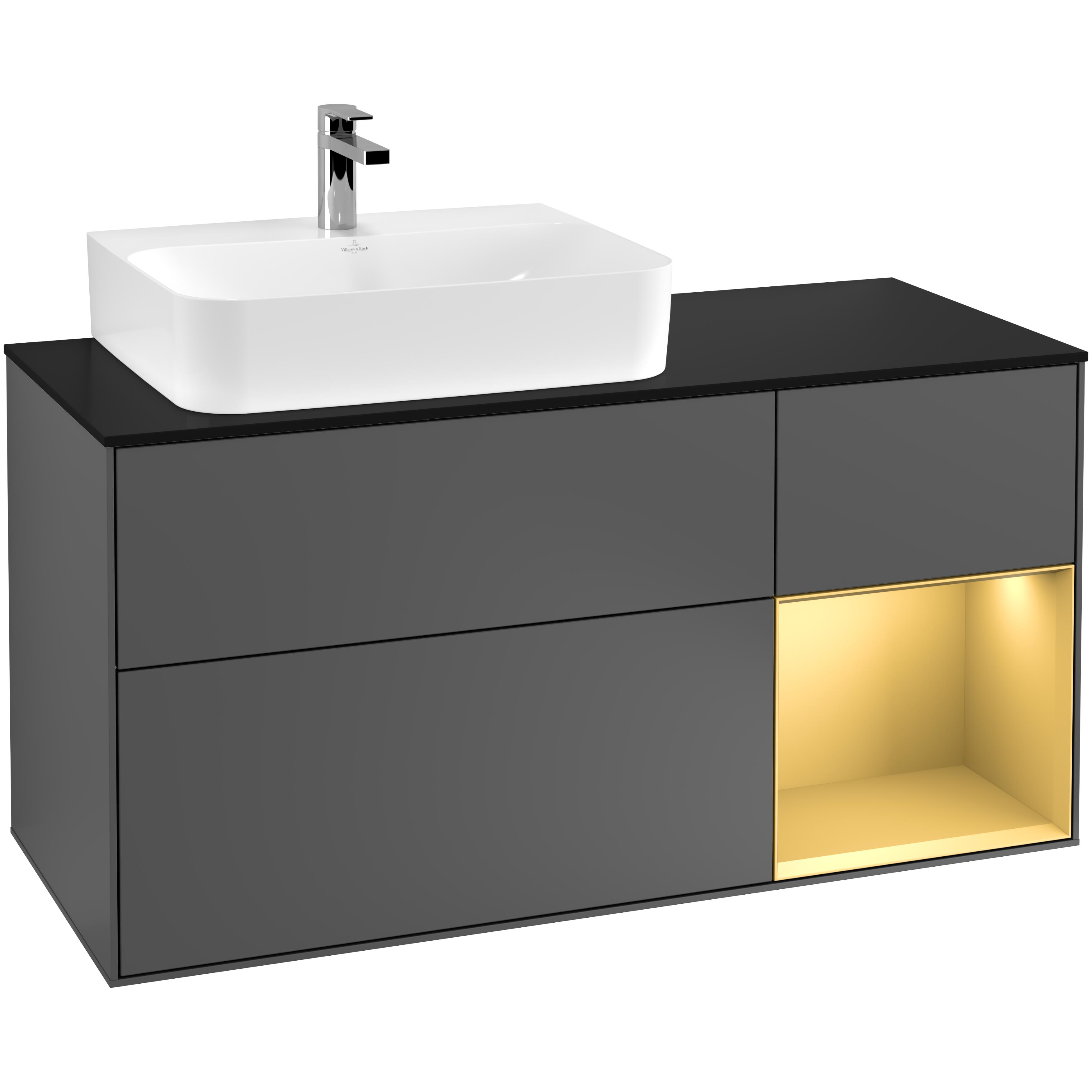 tvättställsskåp villeroy & boch finion med 3 lådor hylla och bänkskiva för ocentrerat tvättställ