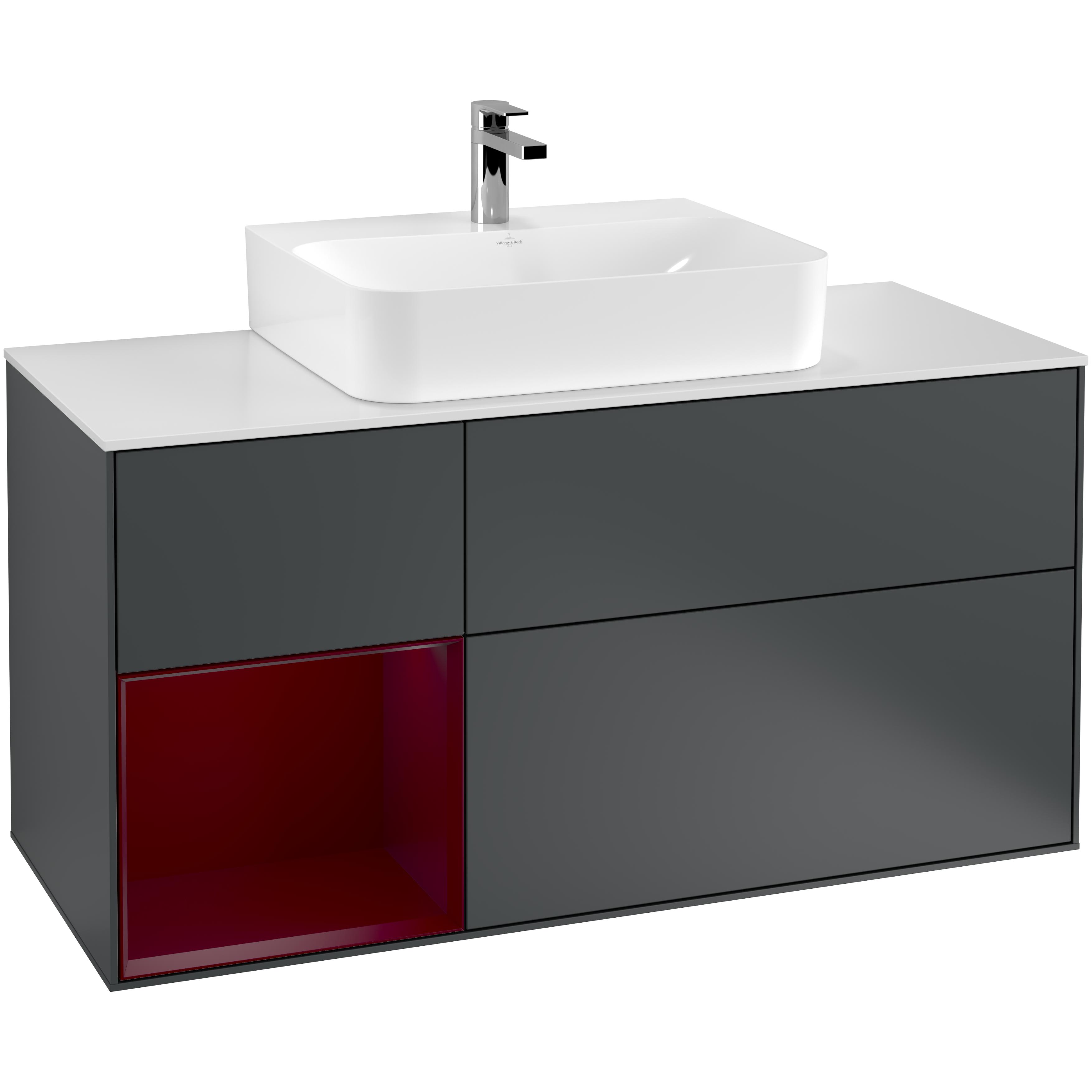 tvättställsskåp villeroy & boch finion med 3 lådor hylla och bänkskiva för centrerat tvättställ