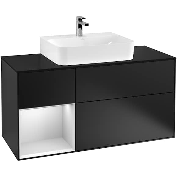 tvättställsskåp villeroy & boch finion med 3 lådor hylla och bänkskiva för centrerat tvättställ