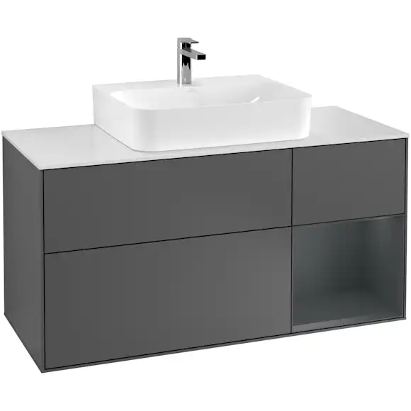 tvättställsskåp villeroy & boch finion med 3 lådor hylla och bänkskiva för centrerat tvättställ