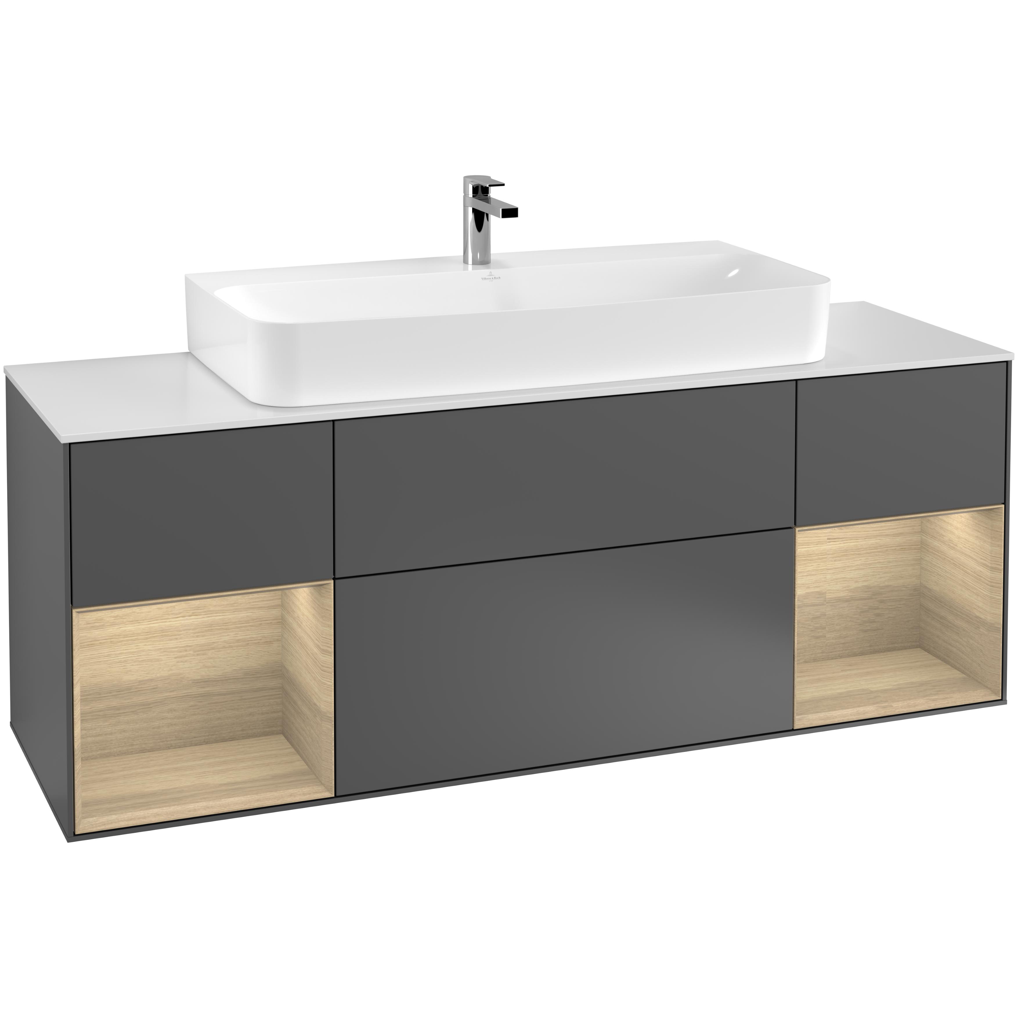 tvättställsskåp villeroy & boch finion med två hyllor och bänkskiva för centrerat tvättställ