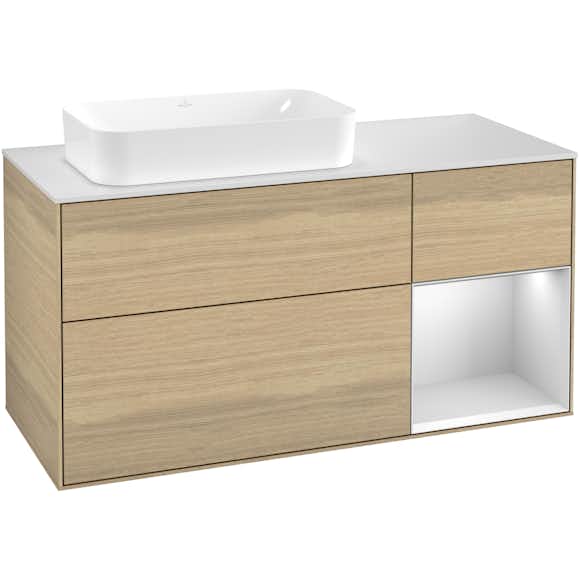 tvättställsskåp villeroy & boch finion med 3 lådor hylla och bänkskiva för ocentrerat fristående tvättställ