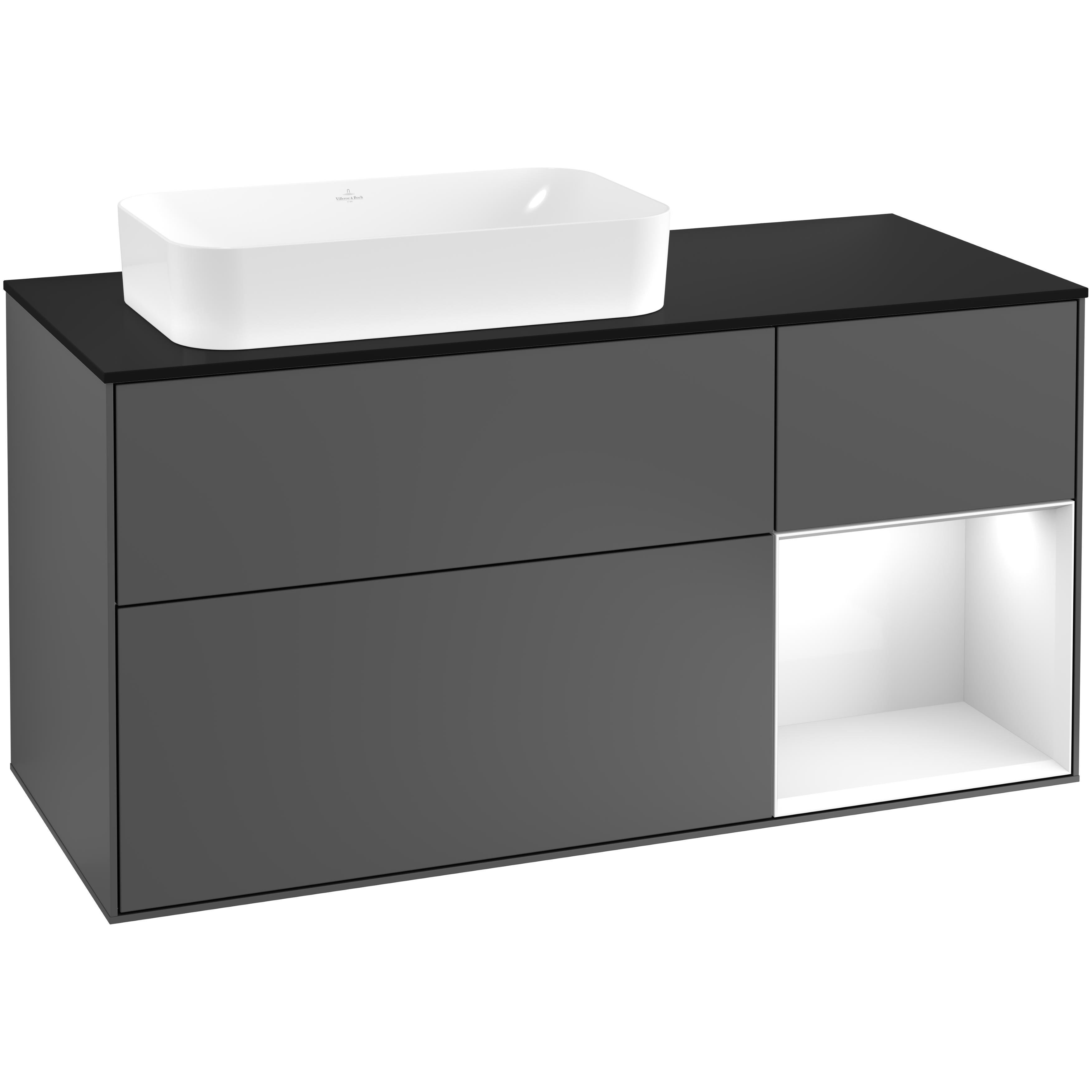 tvättställsskåp villeroy & boch finion med 3 lådor hylla och bänkskiva för ocentrerat fristående tvättställ