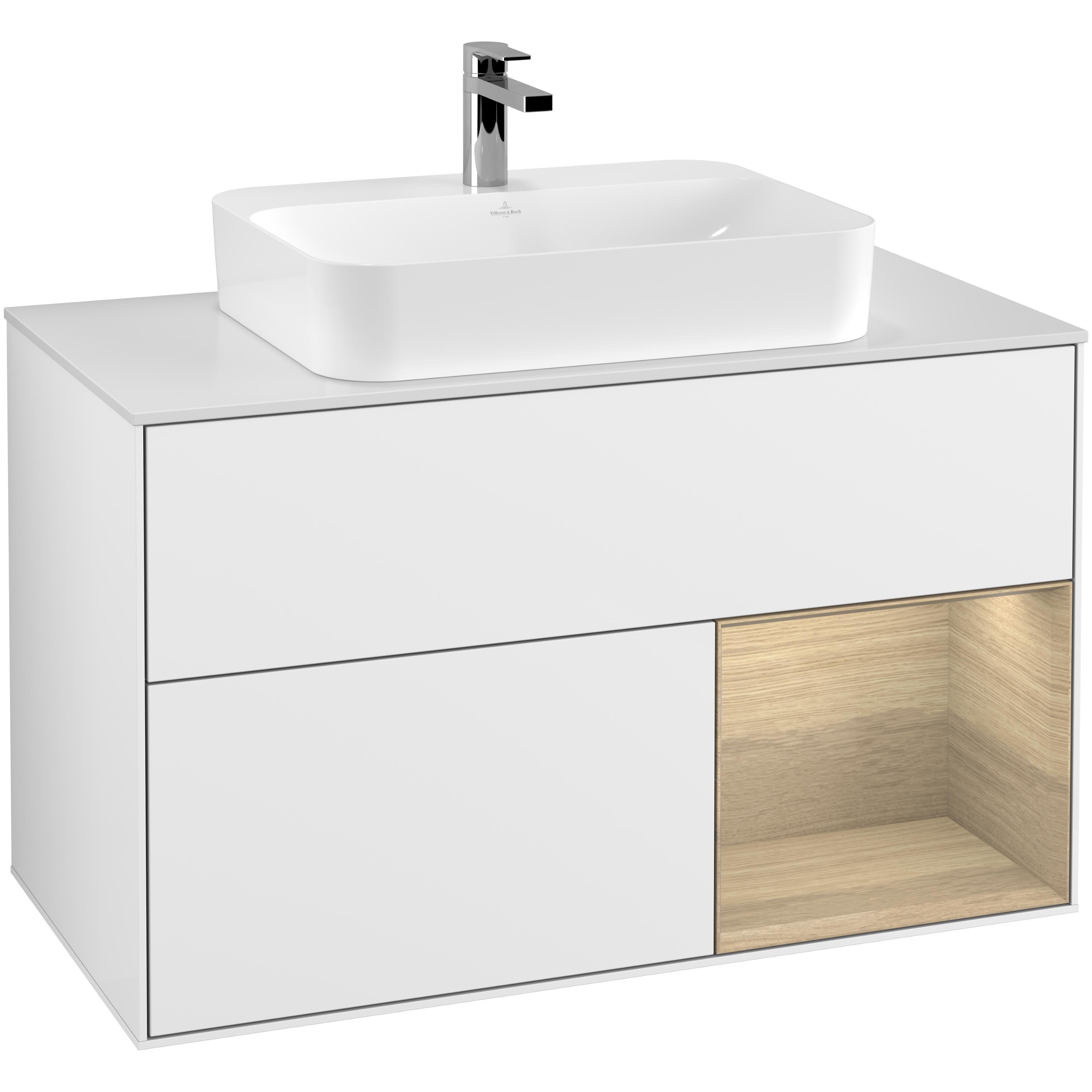 tvättställsskåp villeroy & boch finion med 2 lådor hylla och bänkskiva för ytmonterat tvättställ