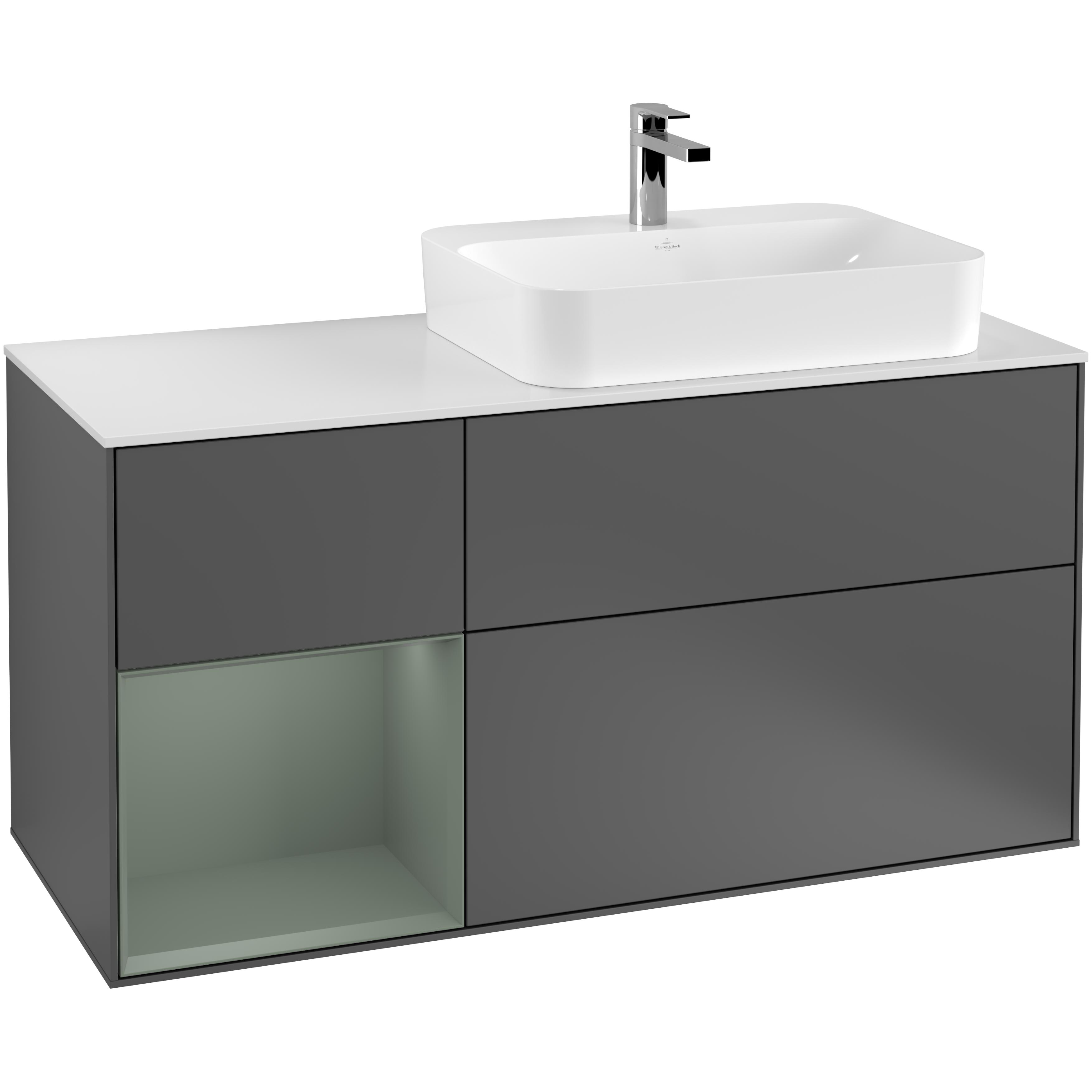 tvättställsskåp villeroy & boch finion med 3 lådor hylla och bänkskiva för ocentrerat ytmonterat tvättställ