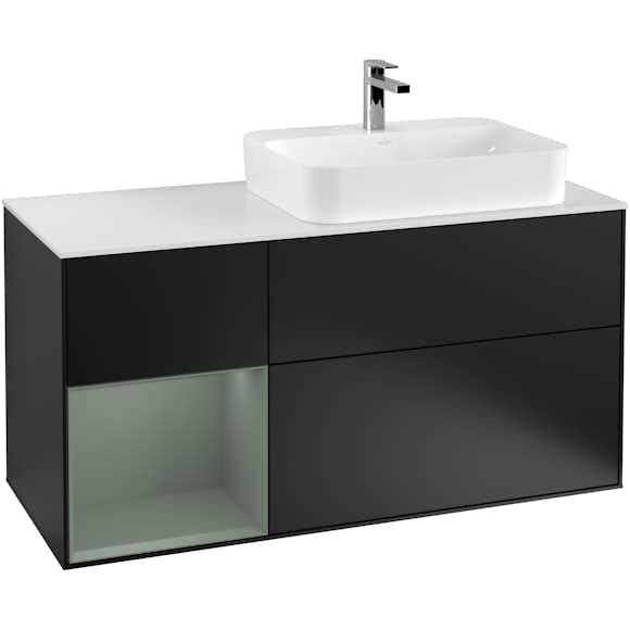 tvättställsskåp villeroy & boch finion med 3 lådor hylla och bänkskiva för ocentrerat ytmonterat tvättställ