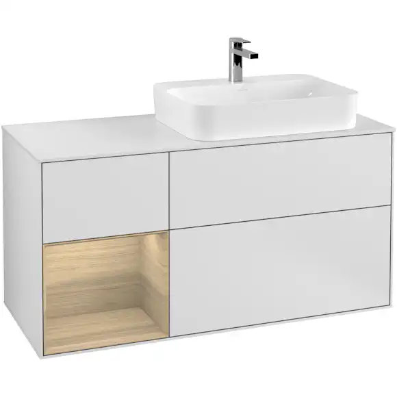 tvättställsskåp villeroy & boch finion med 3 lådor hylla och bänkskiva för ocentrerat ytmonterat tvättställ