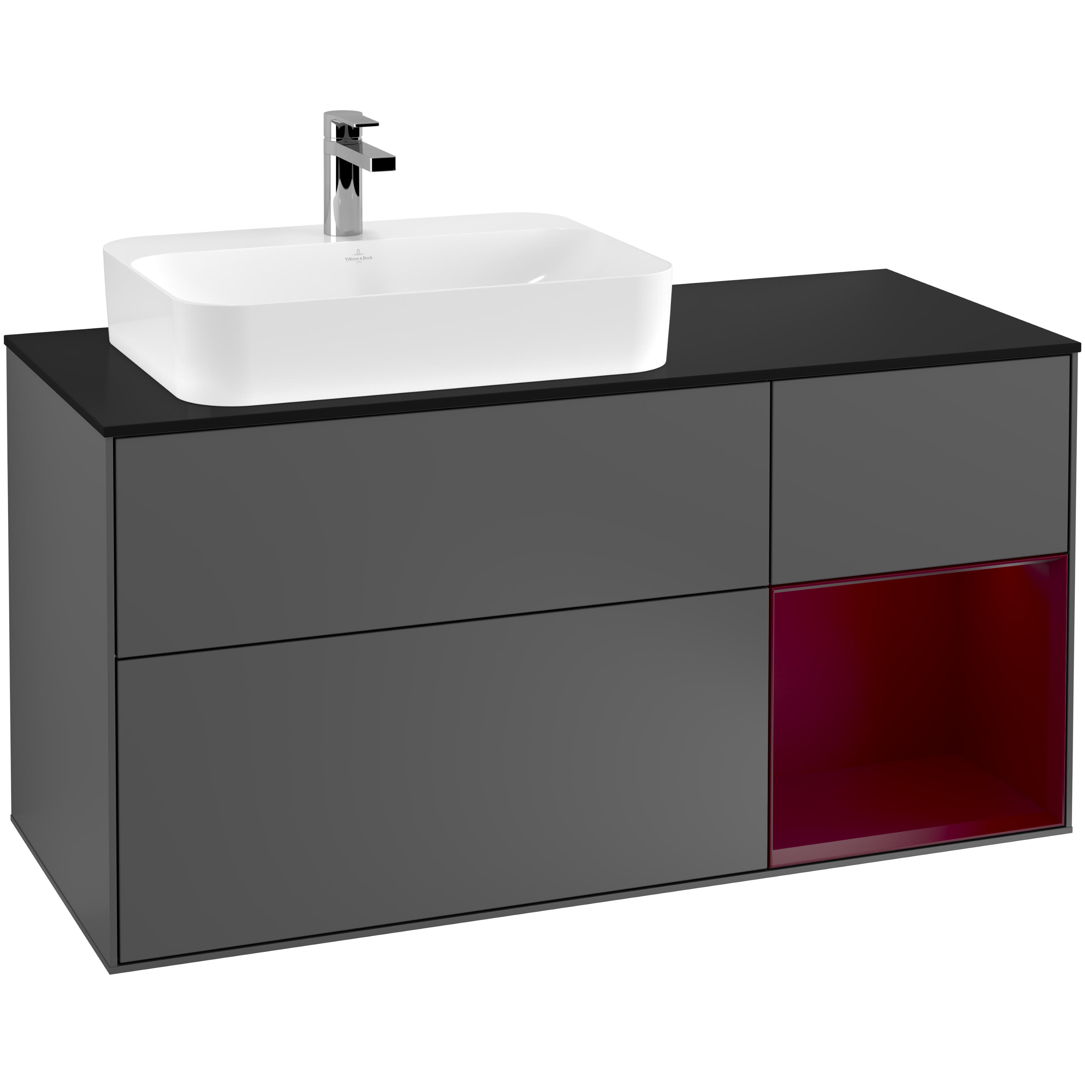 tvättställsskåp villeroy & boch finion med 3 lådor hylla och bänkskiva för ocentrerat ytmonterat tvättställ