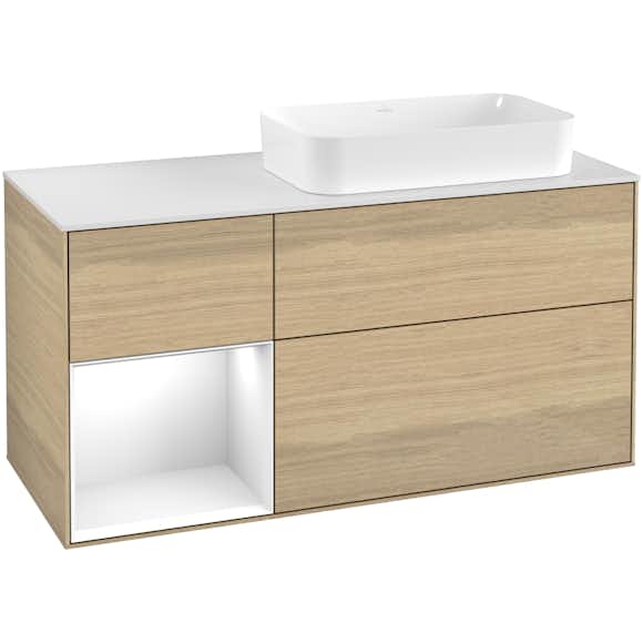 tvättställsskåp villeroy & boch finion med 3 lådor hylla och bänkskiva för ocentrerat fristående tvättställ