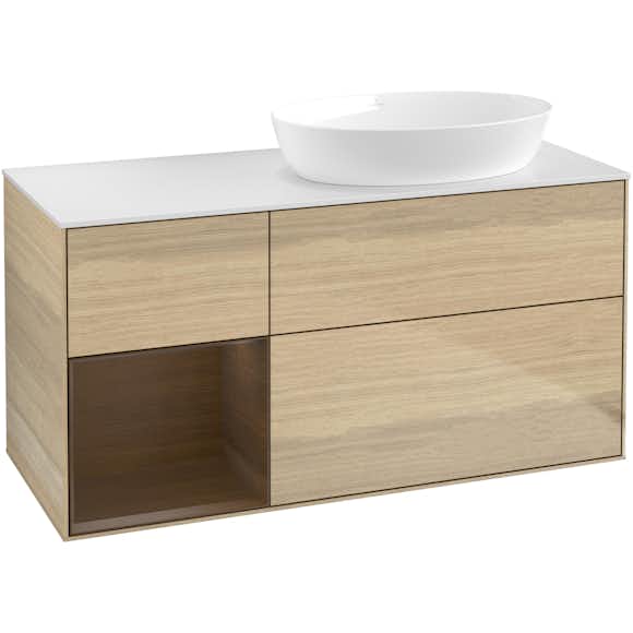 tvättställsskåp villeroy & boch finion med 3 lådor hylla och bänkskiva för ocentrerat tvättställ från artis & collaro