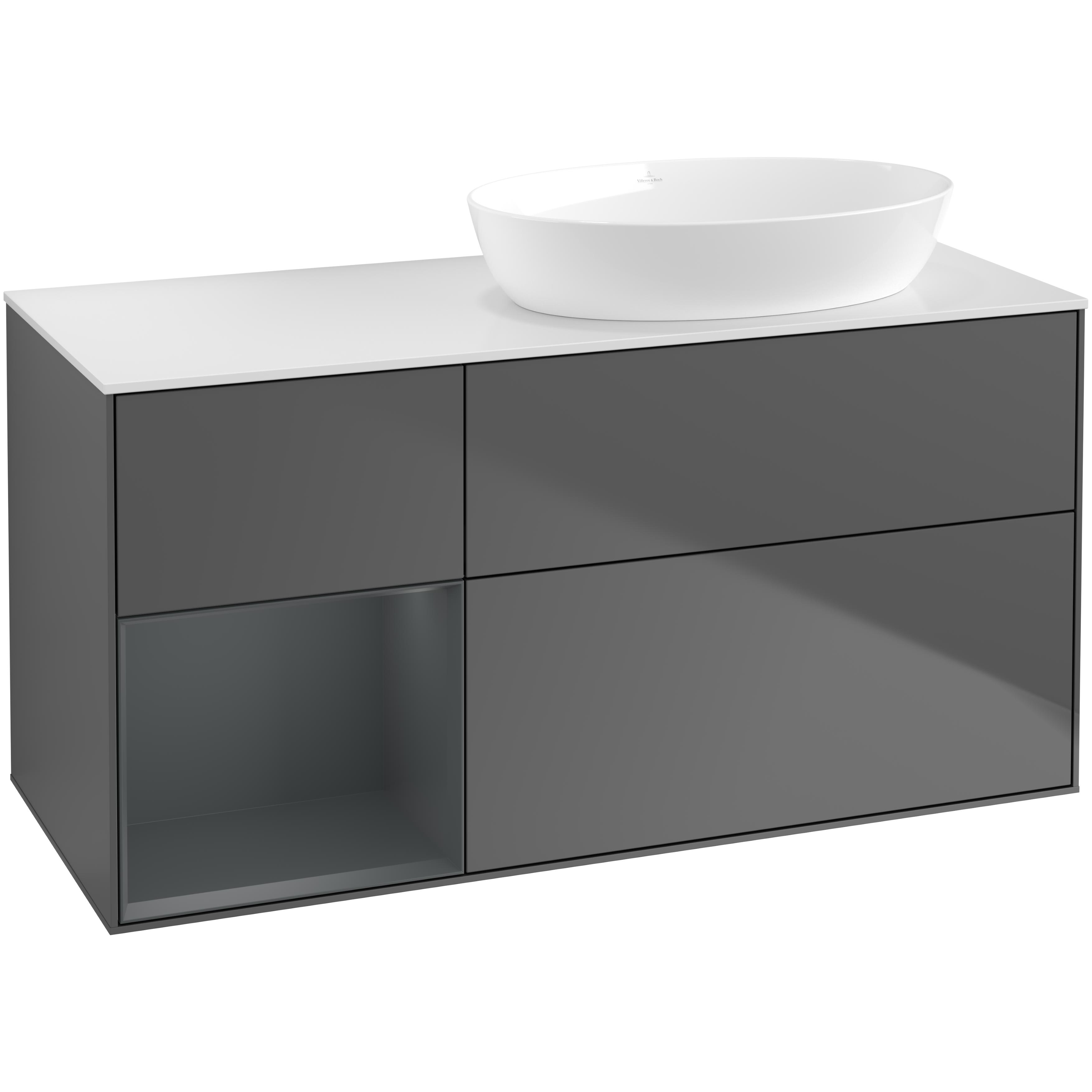 tvättställsskåp villeroy & boch finion med 3 lådor hylla och bänkskiva för ocentrerat tvättställ från artis & collaro